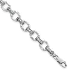 Sterling Silver Rhodium-plated Oval Link with CZ Bars 7 inch with 0.75 inch Extension Bracelet