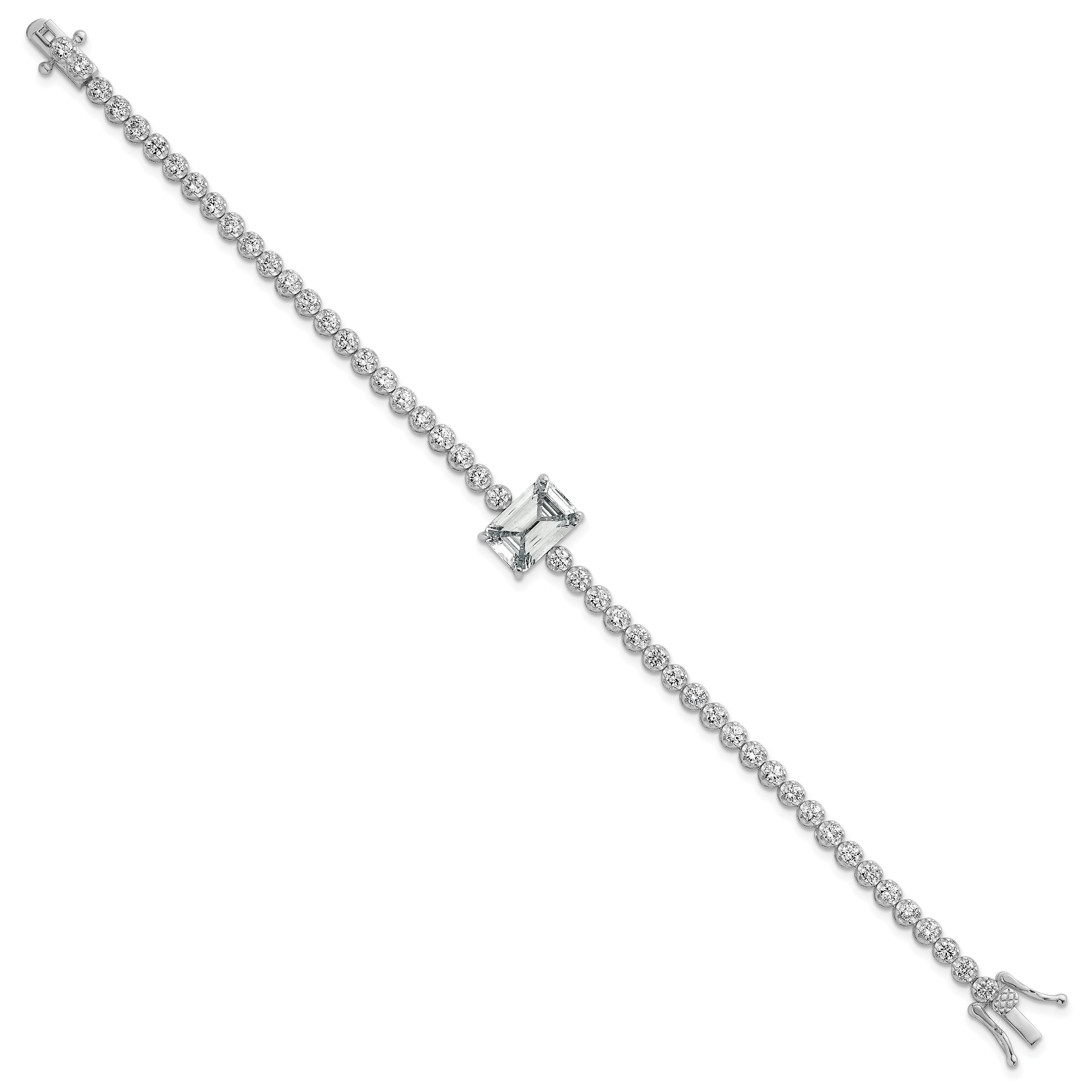 Sterling Silver Rhodium-plated Polished Round and Emerald-cut CZ 7.25 Inch Bracelet