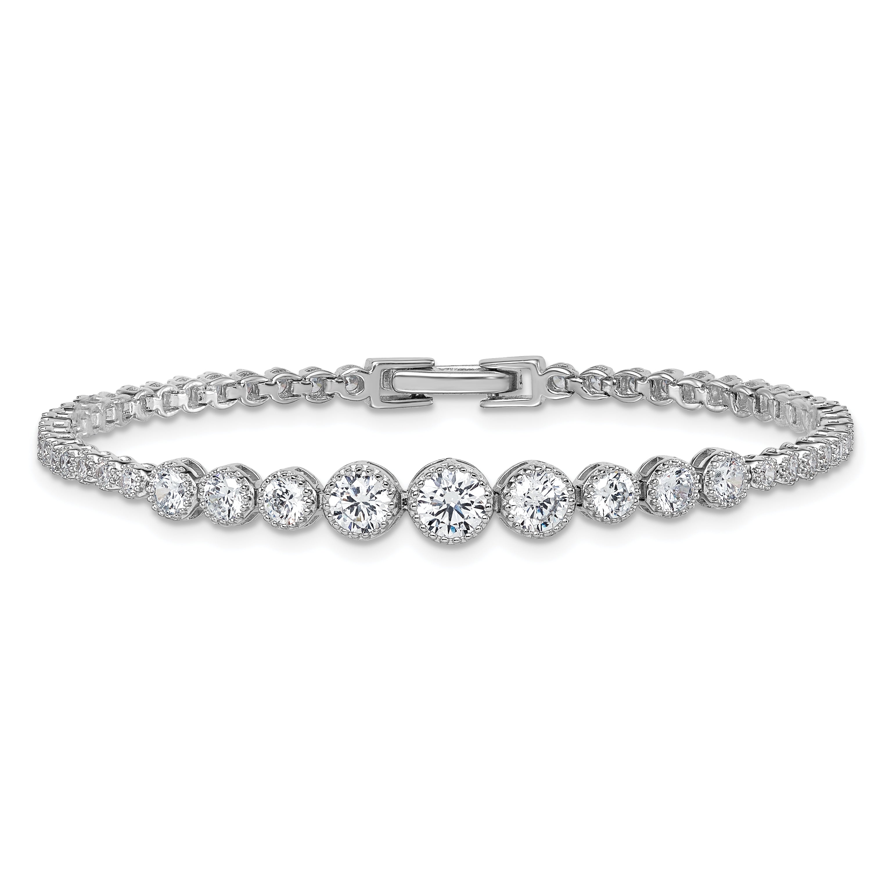 Sterling Silver Rhodium-plated Polished Graduated bezel-set CZ 8 inch Tennis Bracelet