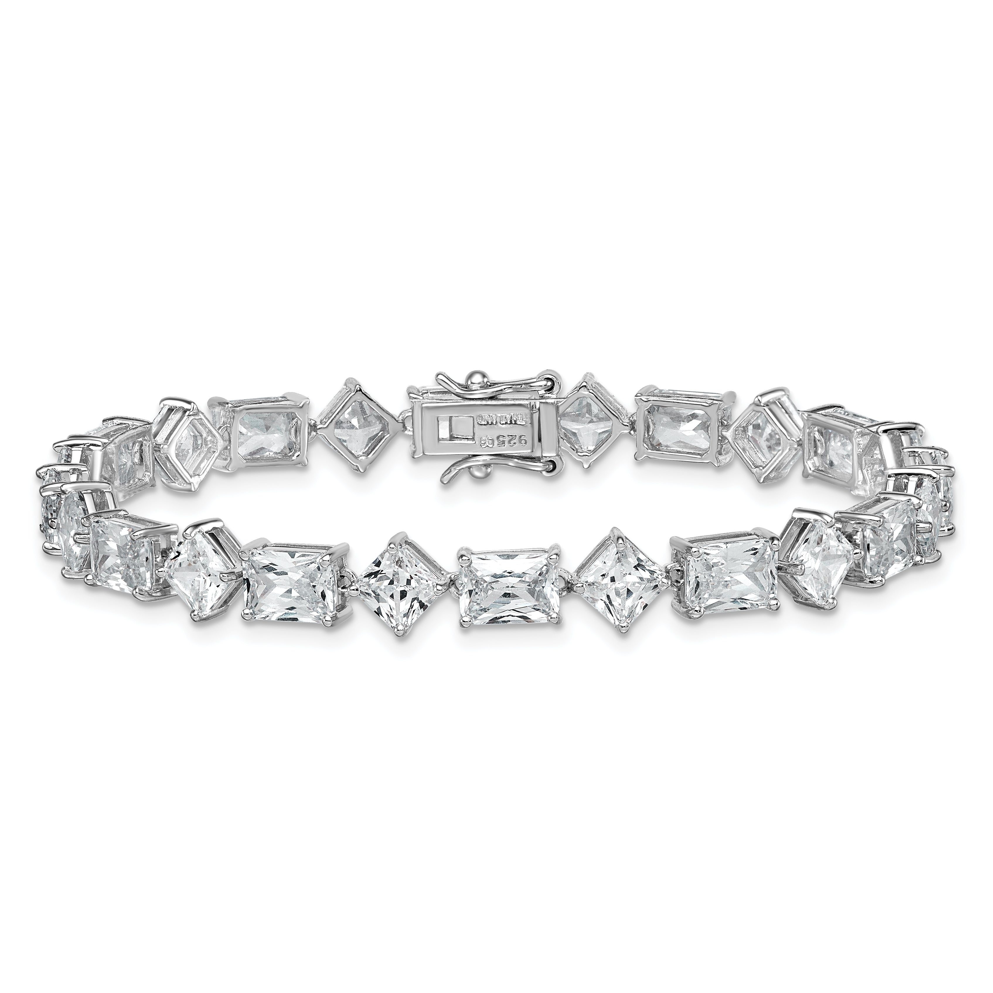 Sterling Silver Rhodium-plated Polished Fancy Princess and Emerald-cut CZ 7.25 Inch Bracelet