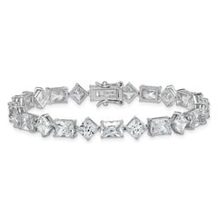 Sterling Silver Rhodium-plated Polished Fancy Princess and Emerald-cut CZ 7.25 Inch Bracelet