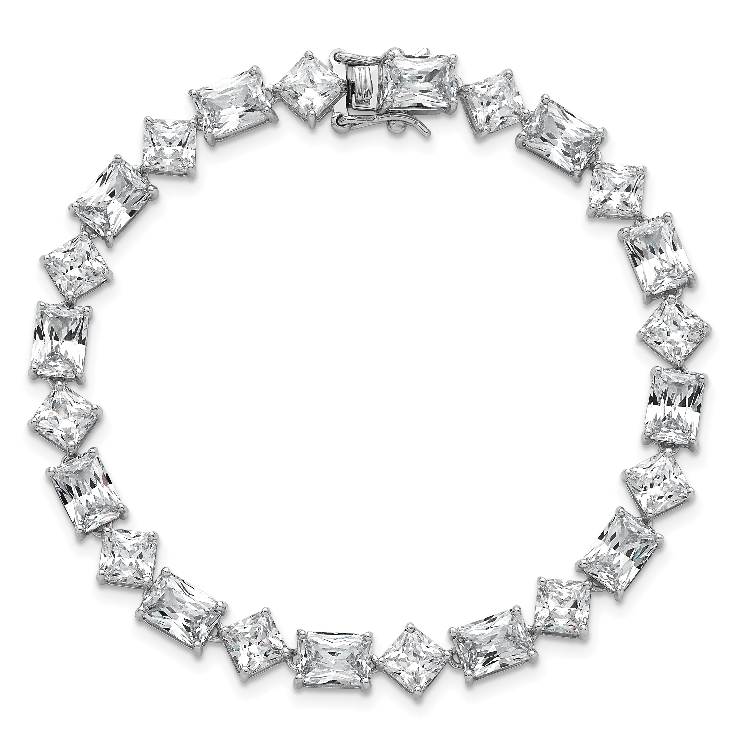 Sterling Silver Rhodium-plated Polished Fancy Princess and Emerald-cut CZ 7.25 Inch Bracelet