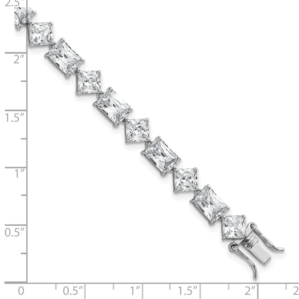 Sterling Silver Rhodium-plated Polished Fancy Princess and Emerald-cut CZ 7.25 Inch Bracelet