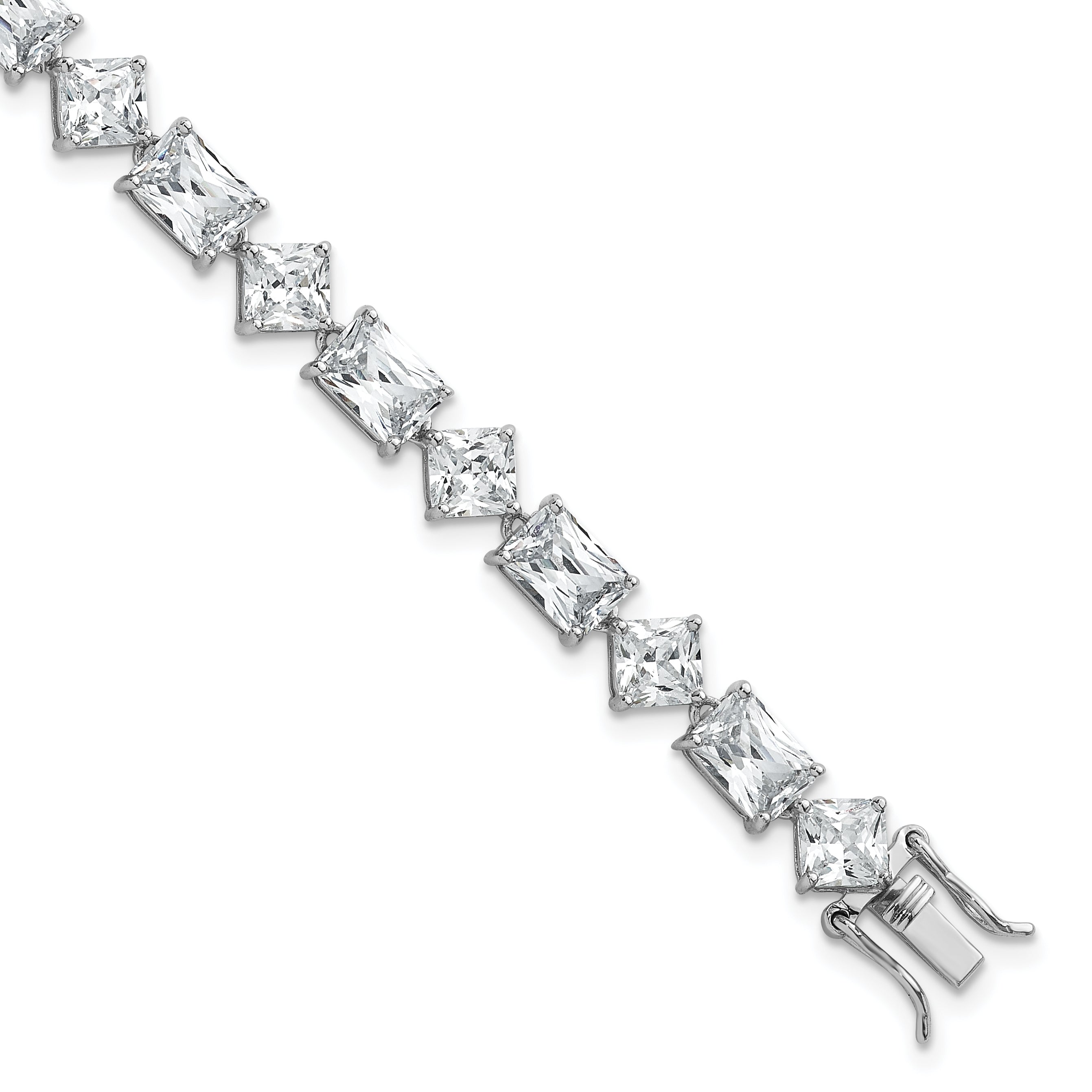 Sterling Silver Rhodium-plated Polished Fancy Princess and Emerald-cut CZ 7.25 Inch Bracelet