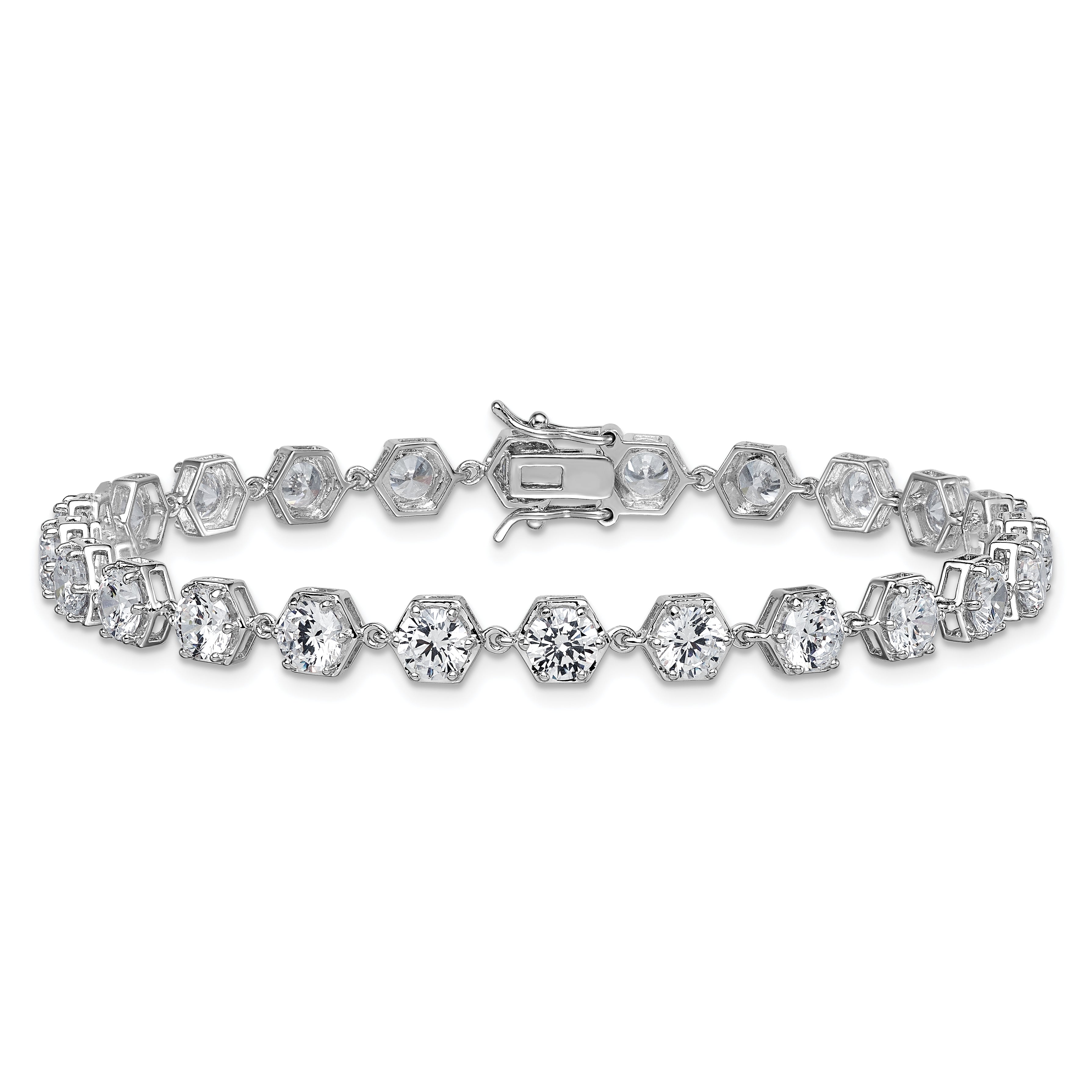 Sterling Silver Rhodium-plated Polished Round CZ in Hexagon Setting 8 Inch Bracelet