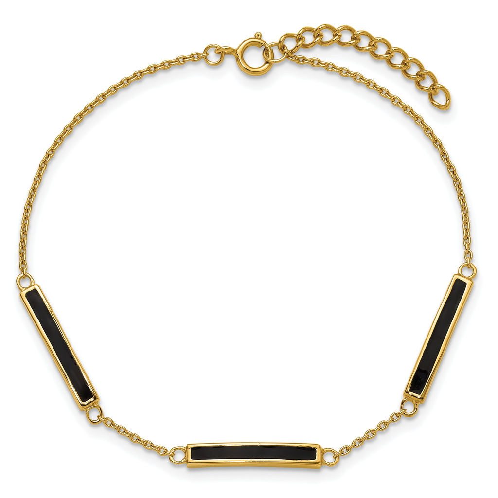 Sterling Silver Gold-plated Polished Black Enameled Bars 7 inch with 0.5 inch extension Bracelet