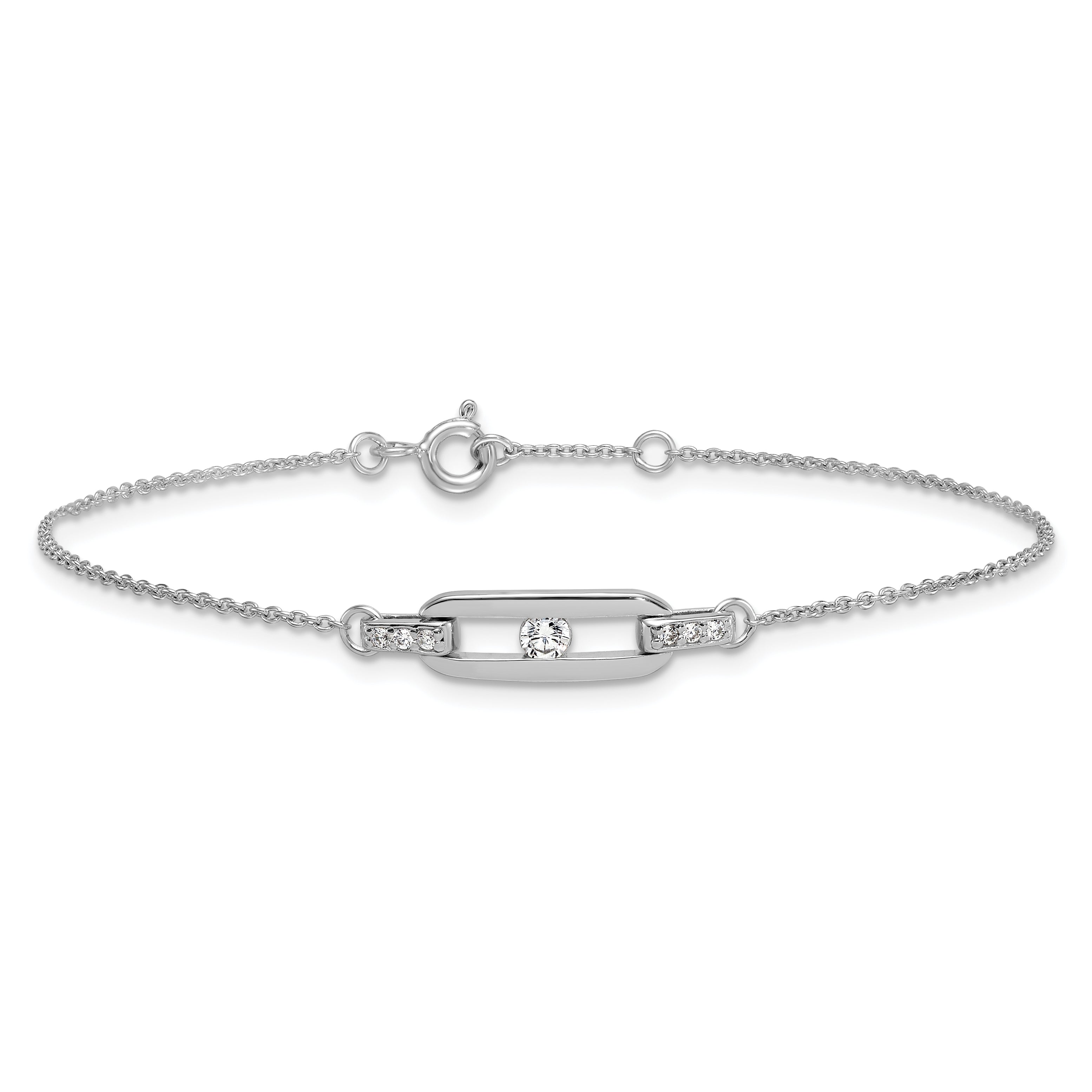 Sterling Silver Rhodium-plated Polished CZ Oval Link 7 inch with 0.5 inch Extender Bracelet
