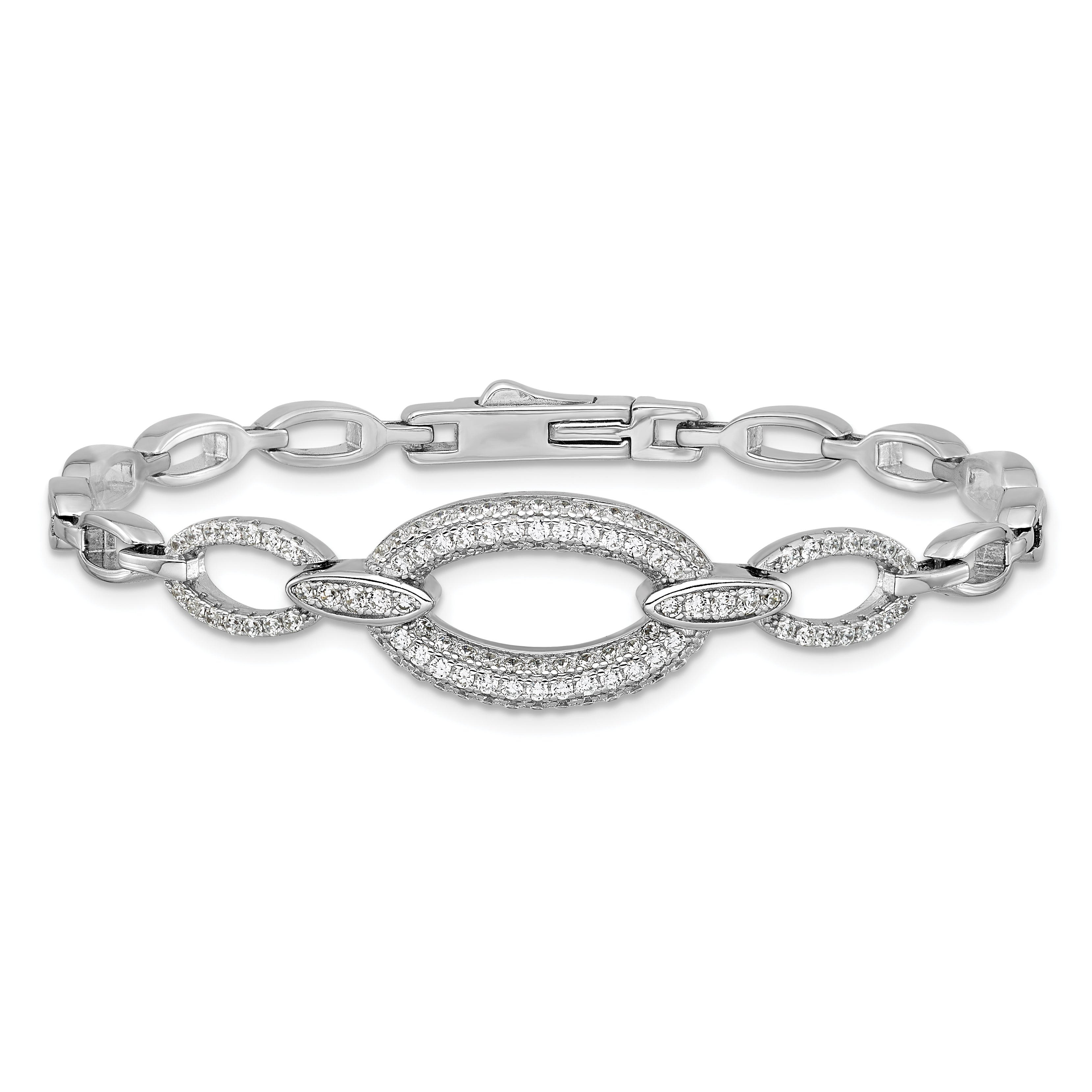 Sterling Silver Rhodium-plated Polished CZ Oval Link 7 inch Bracelet
