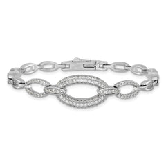 Sterling Silver Rhodium-plated Polished CZ Oval Link 7 inch Bracelet