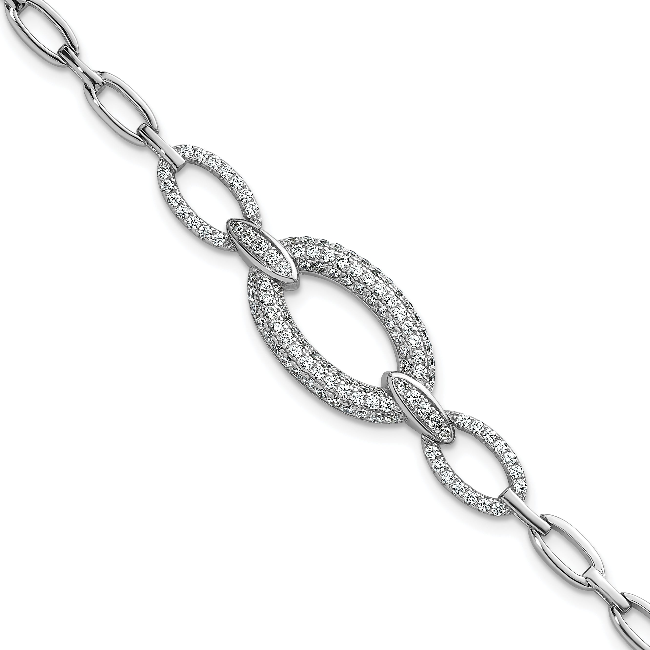 Sterling Silver Rhodium-plated Polished CZ Oval Link 7 inch Bracelet