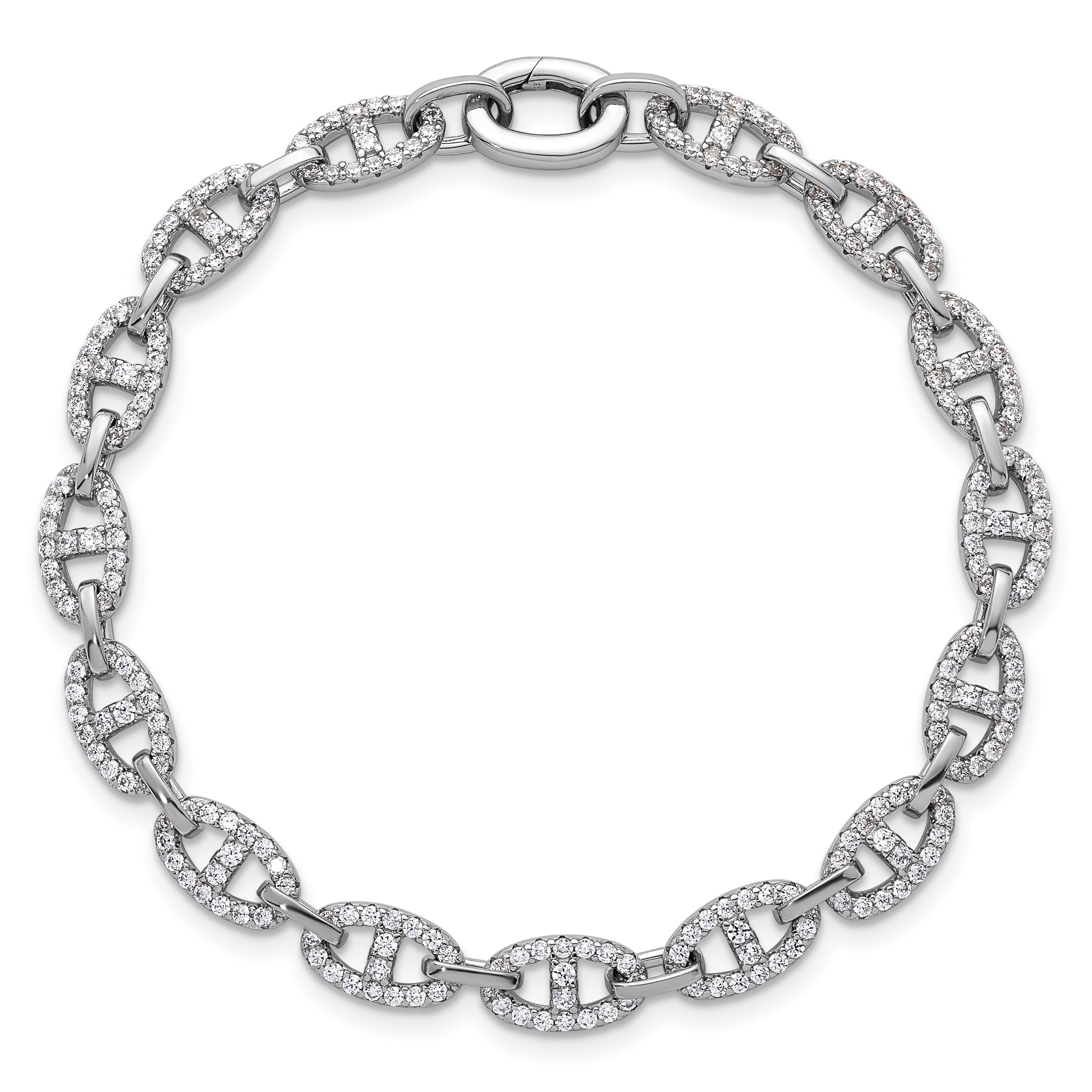 Sterling Silver Rhodium-plated Polished CZ Anchor/Mariner Link 7.25 inch Bracelet