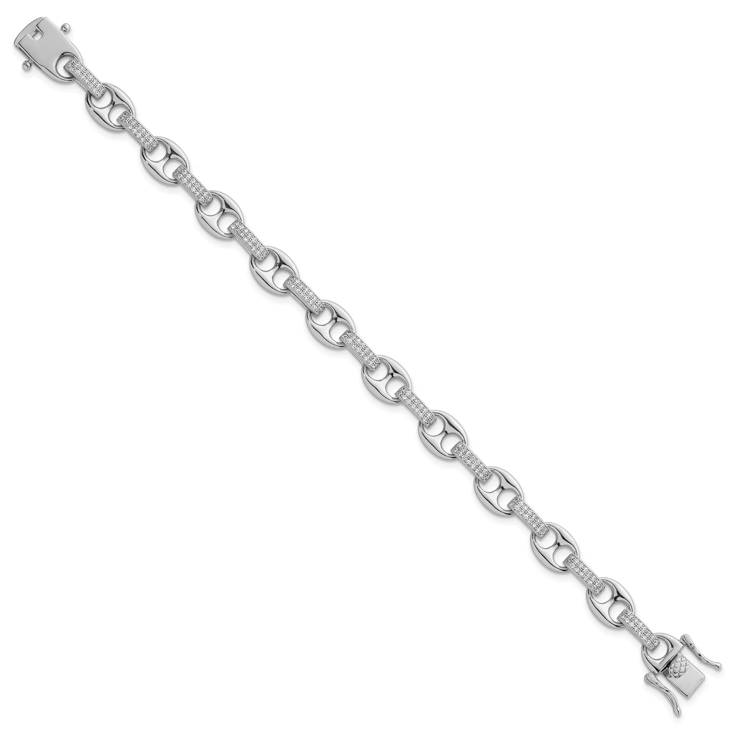 Sterling Silver Rhodium-plated Polished CZ Oval and Mariner Link 7 Inch Bracelet
