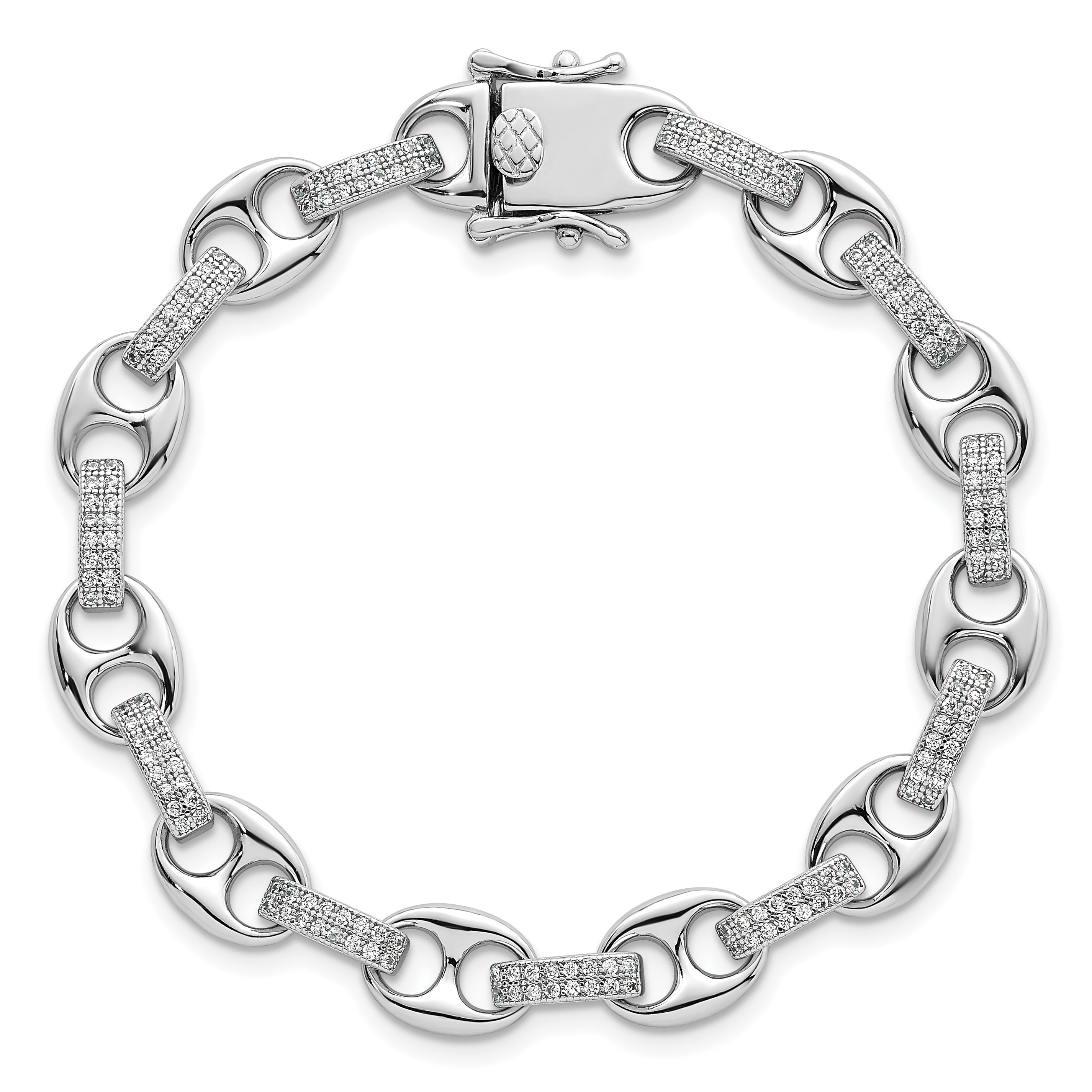 Sterling Silver Rhodium-plated Polished CZ Oval and Mariner Link 7 Inch Bracelet