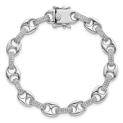 Sterling Silver Rhodium-plated Polished CZ Oval and Mariner Link 7 Inch Bracelet