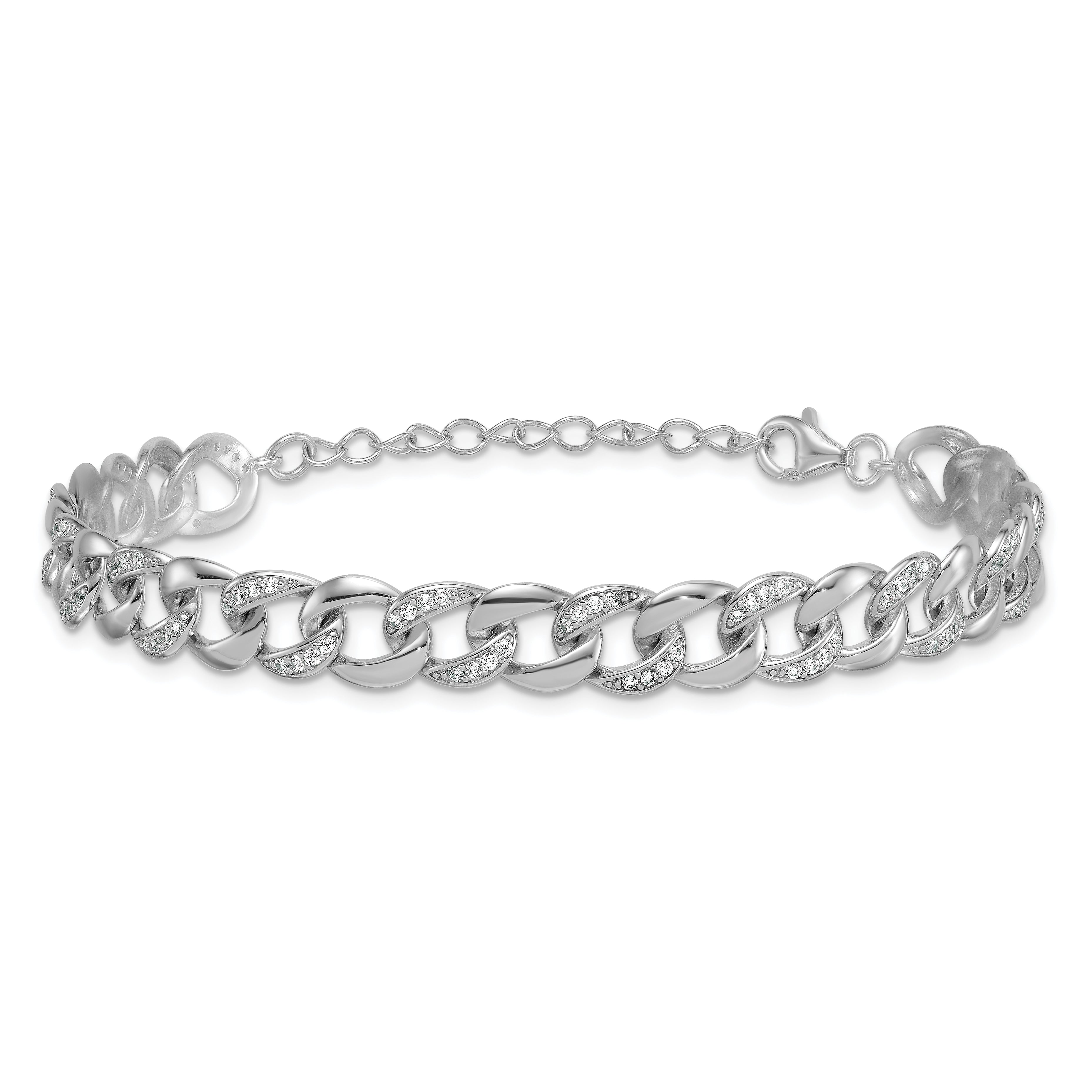 Sterling Silver Rhodium-plated Polished CZ 8.00mm Curb Link 7 Inch with 1.5 Inch Extension Bracelet