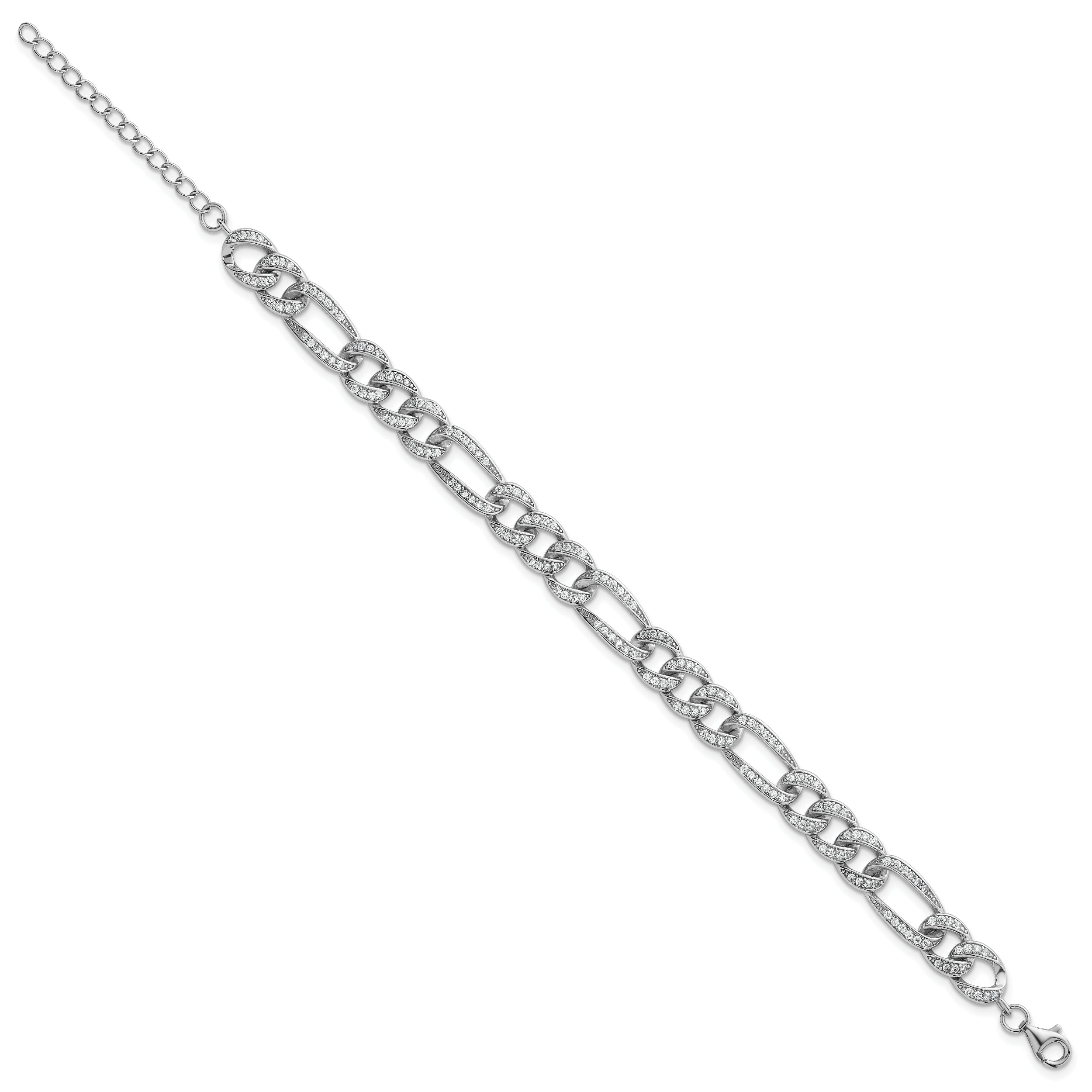 Sterling Silver Rhodium-plated Polished CZ 8.5mm Figaro Link 7 Inch with 1.5 Inch Extension Bracelet