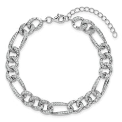 Sterling Silver Rhodium-plated Polished CZ 8.5mm Figaro Link 7 Inch with 1.5 Inch Extension Bracelet