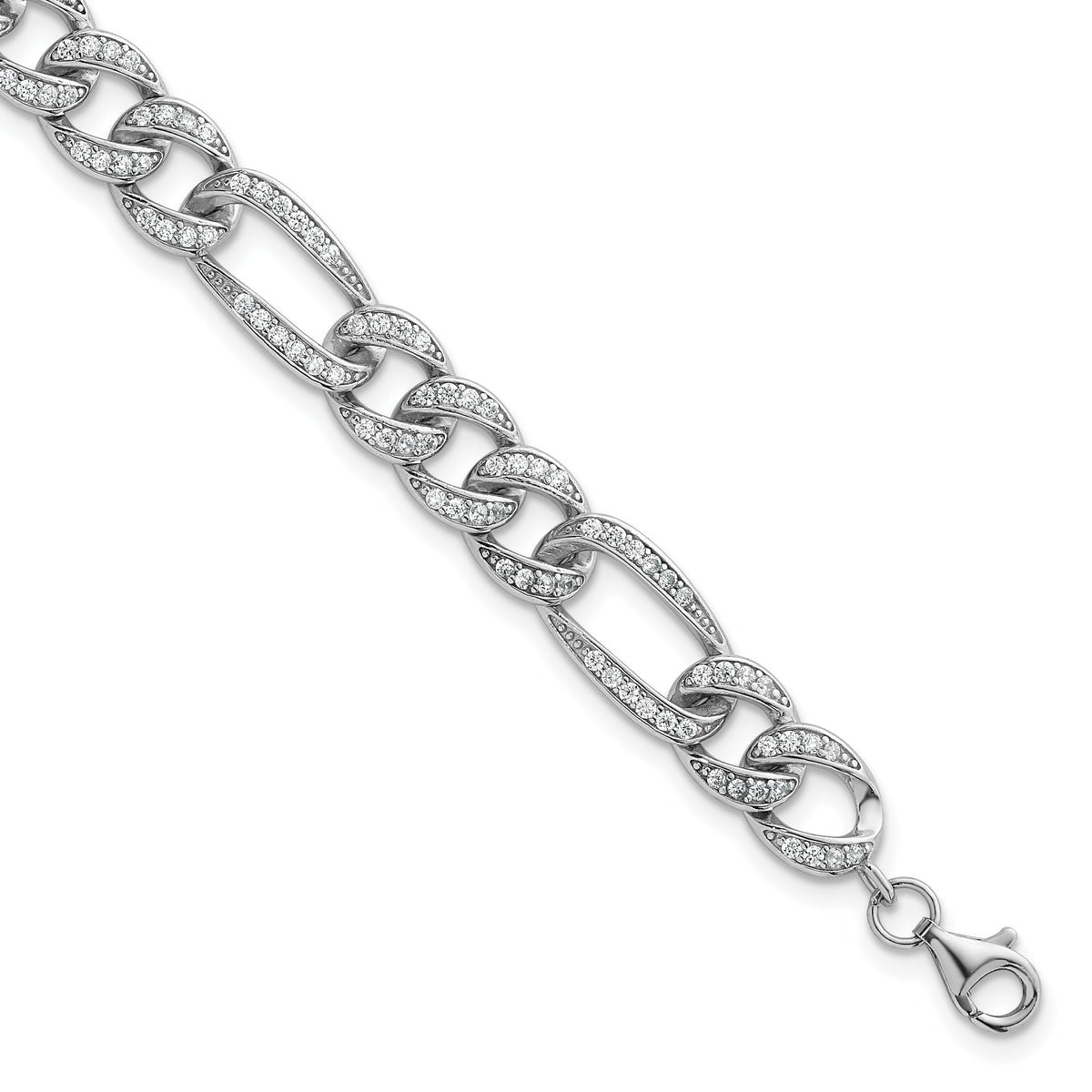 Sterling Silver Rhodium-plated Polished CZ 8.5mm Figaro Link 7 Inch with 1.5 Inch Extension Bracelet