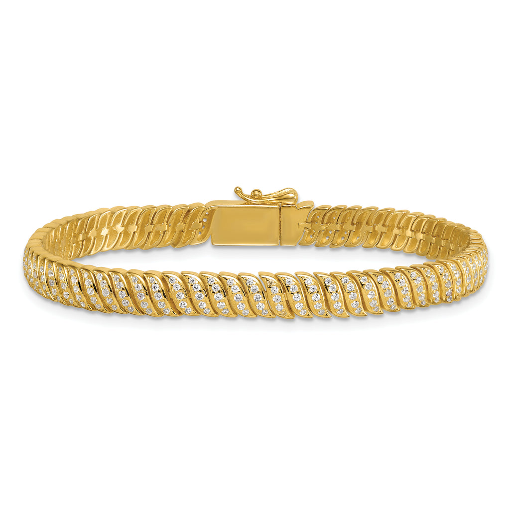 Sterling Silver Gold-Tone Polished Fancy CZ S-Link 7 Inch Bracelet