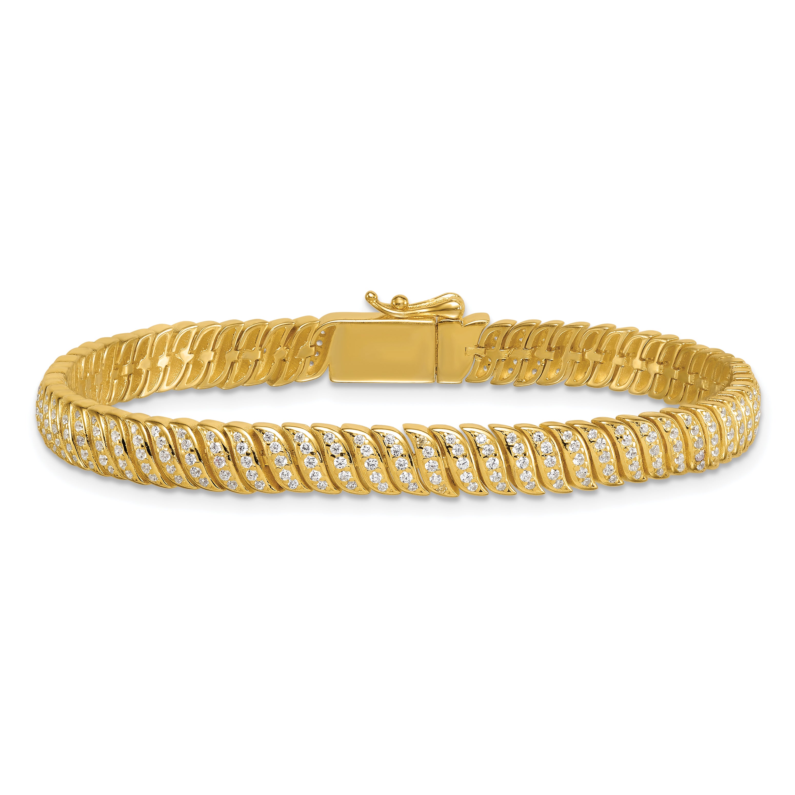 Sterling Silver Gold-Tone Polished Fancy CZ S-Link 7 Inch Bracelet
