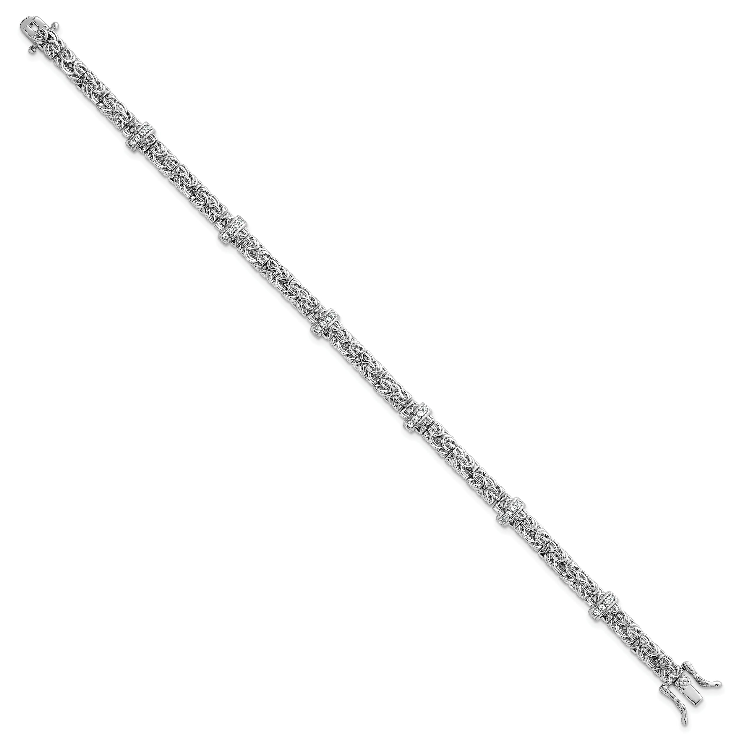 Sterling Silver Rhodium-plated Polished CZ and Byzantine Link 7.75 Inch Bracelet