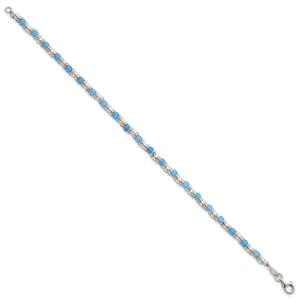 Sterling Silver Polished Blue Agate Beaded 7.5 inch Bracelet