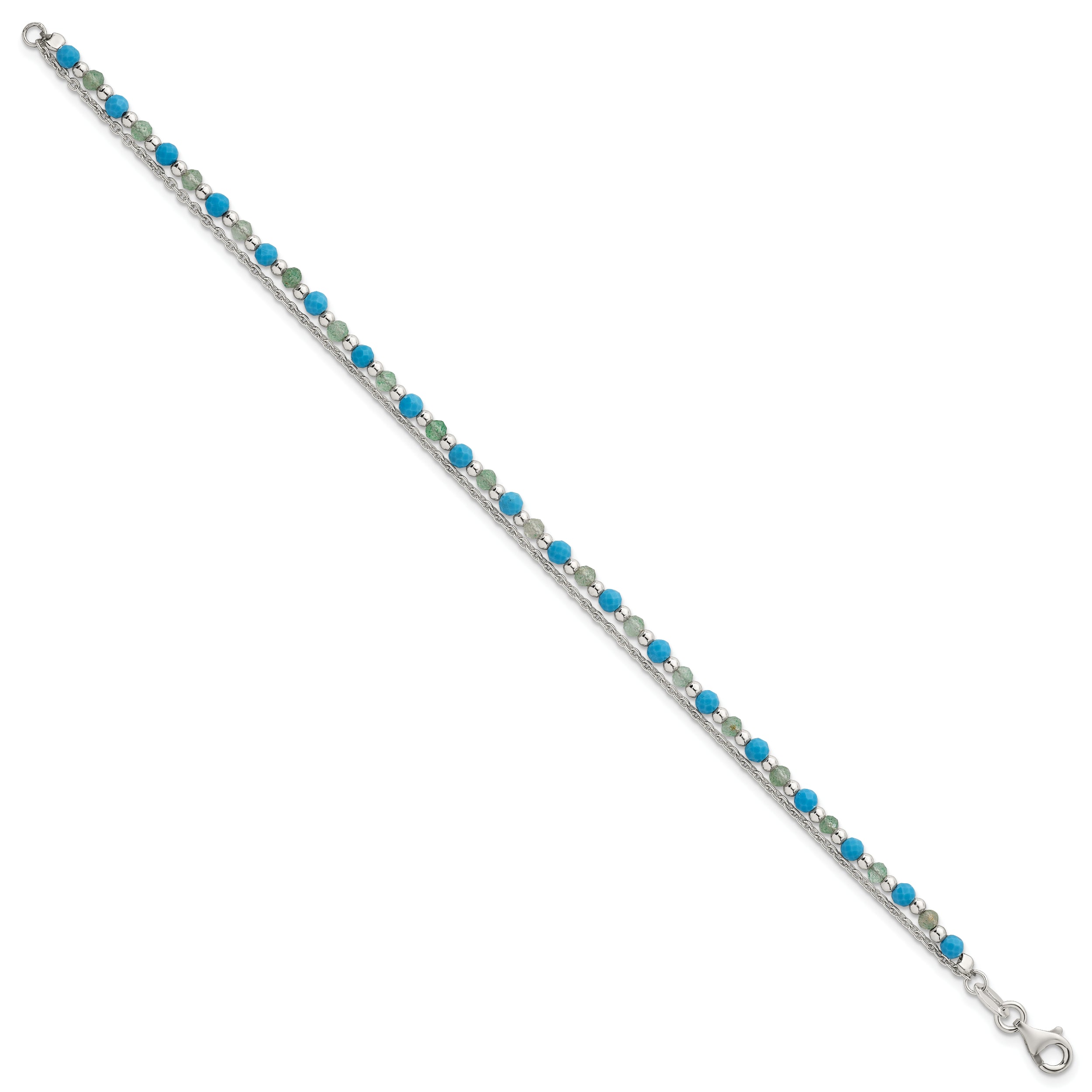 Sterling Silver Polished Green Aventurine and Turquoise Beaded Double Strand 7.5 inch Bracelet