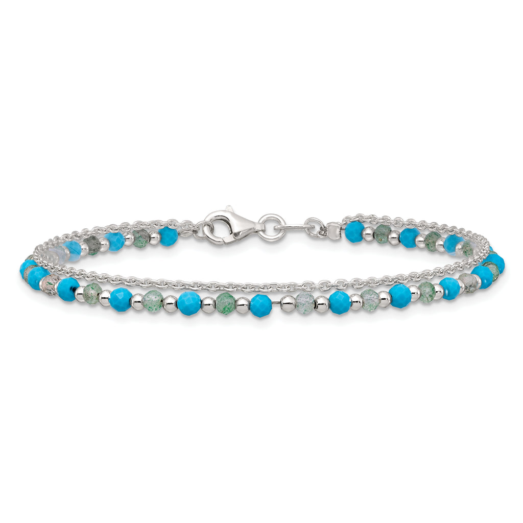 Sterling Silver Polished Green Aventurine and Turquoise Beaded Double Strand 7.5 inch Bracelet
