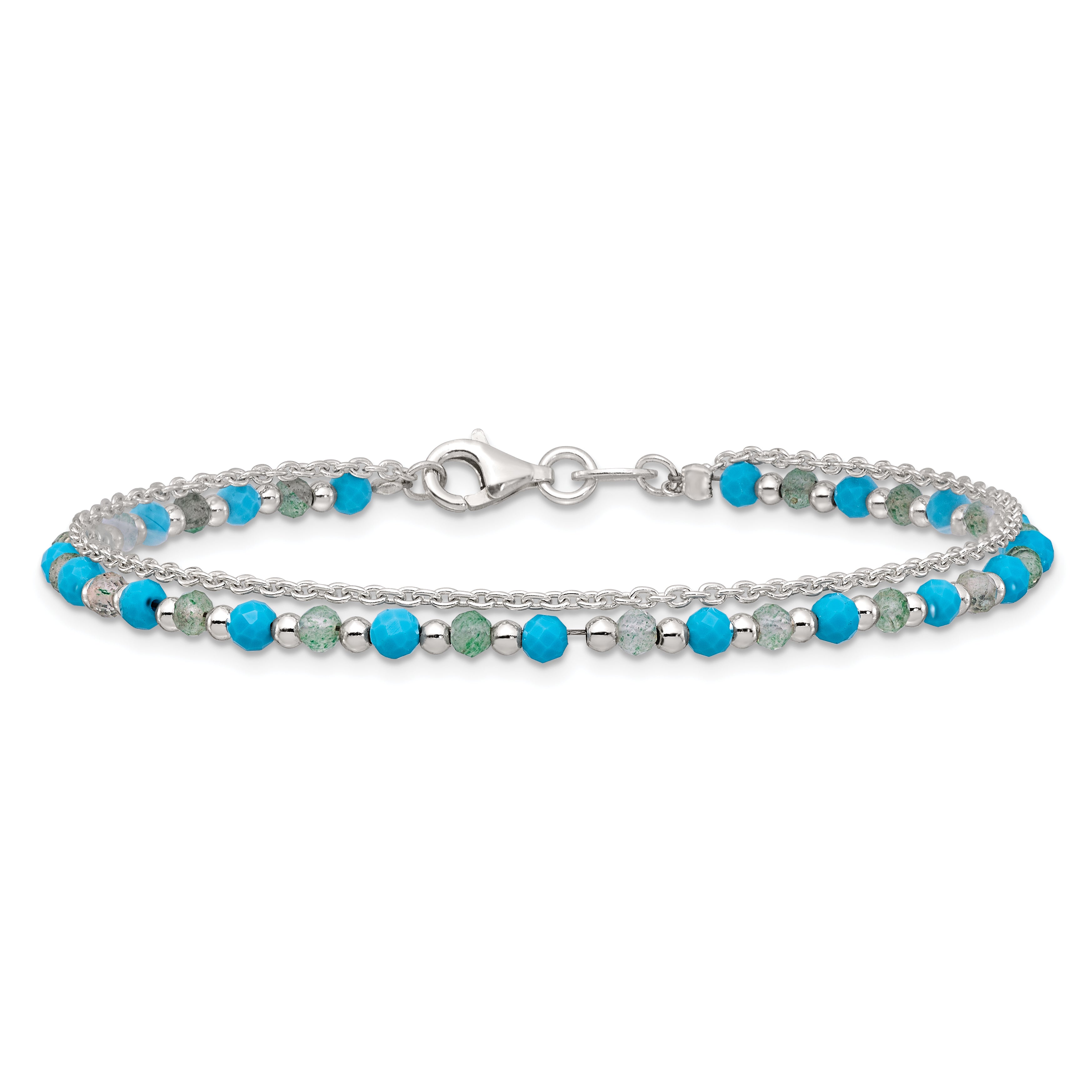 Sterling Silver Polished Green Aventurine and Turquoise Beaded Double Strand 7.5 inch Bracelet