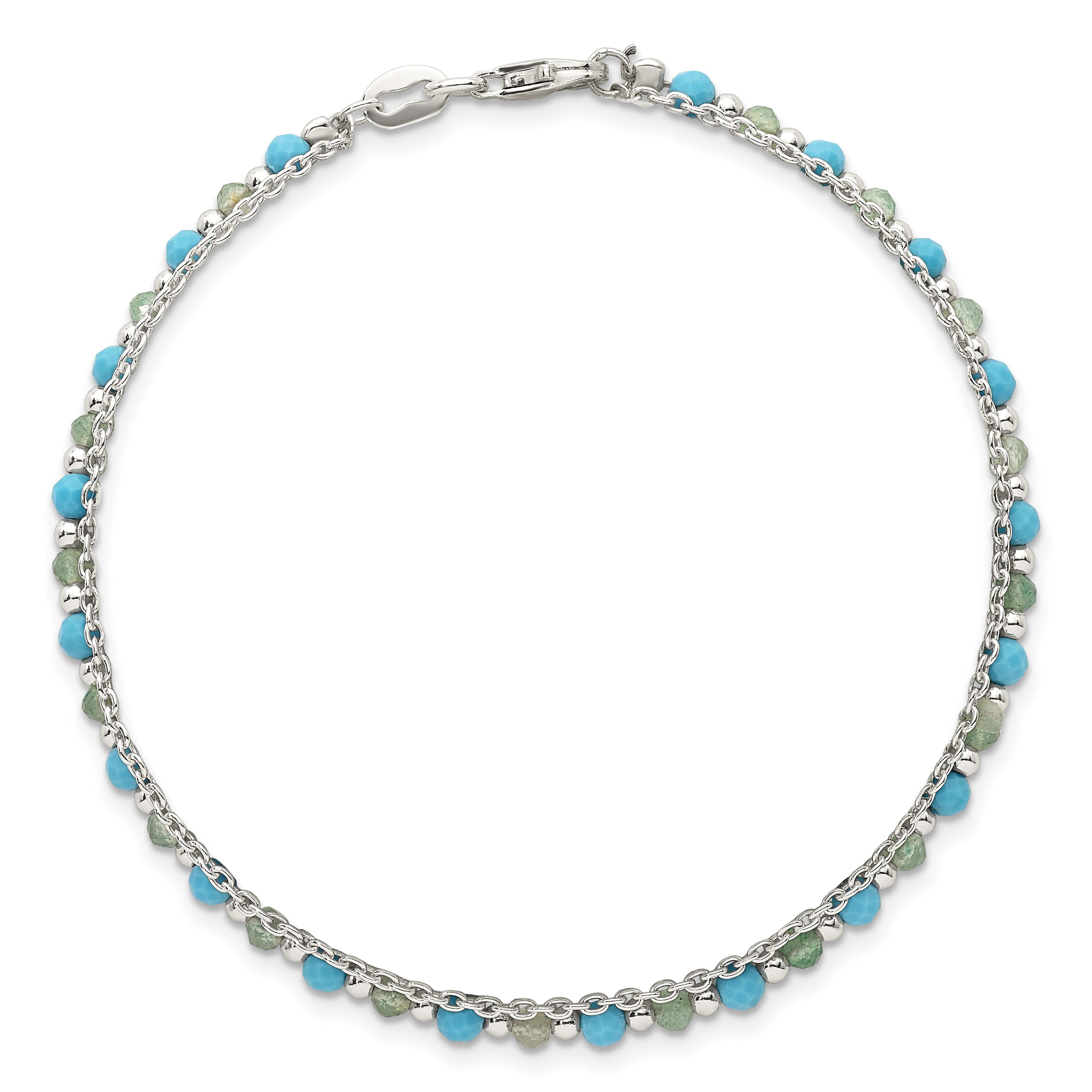 Sterling Silver Polished Green Aventurine and Turquoise Beaded Double Strand 7.5 inch Bracelet