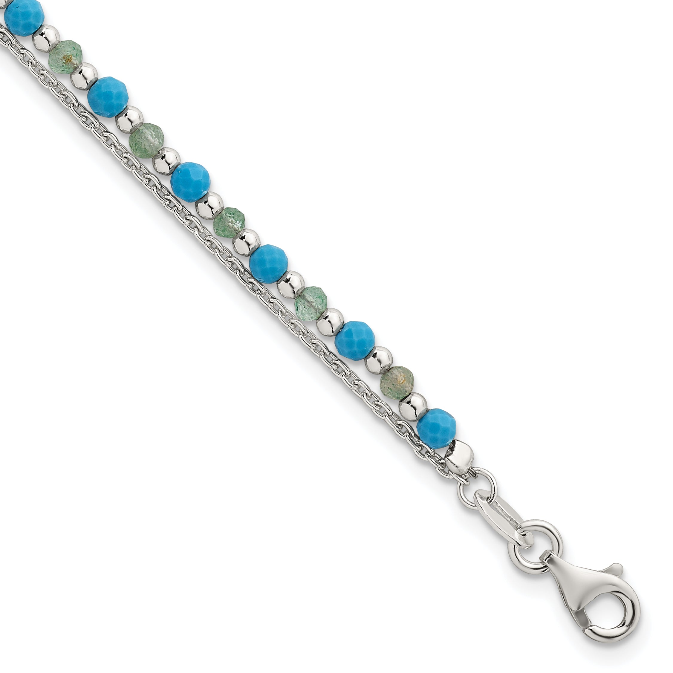 Sterling Silver Polished Green Aventurine and Turquoise Beaded Double Strand 7.5 inch Bracelet Main image