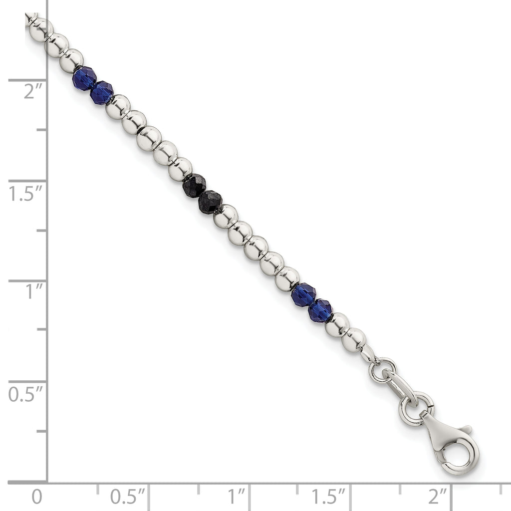 Sterling Silver Polished Blue Agate and Spinel Beaded 7.5 inch Bracelet