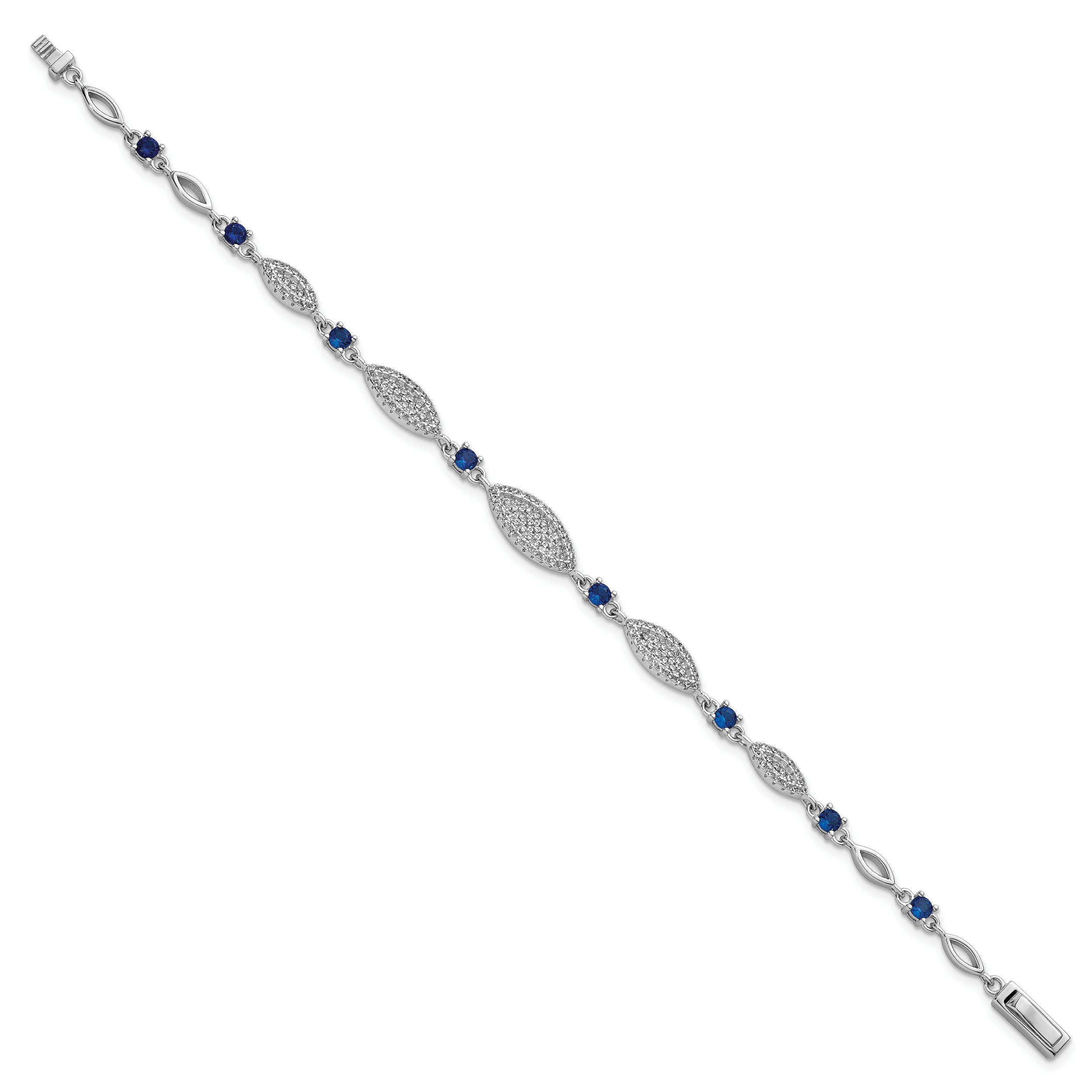 Sterling Silver Rhodium-plated Marquise Blue and White CZ Oval Link 7 inch Bracelet