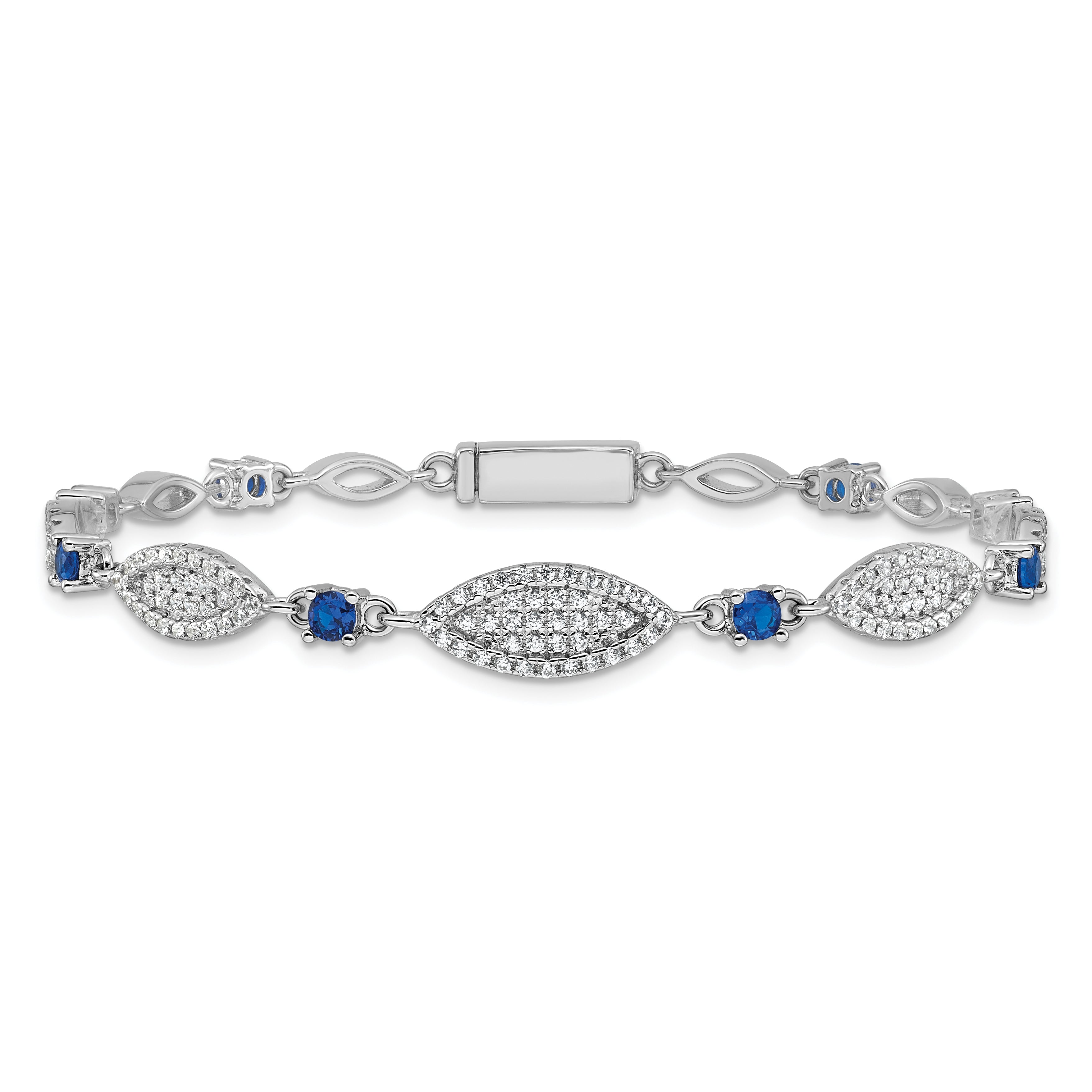 Sterling Silver Rhodium-plated Marquise Blue and White CZ Oval Link 7 inch Bracelet