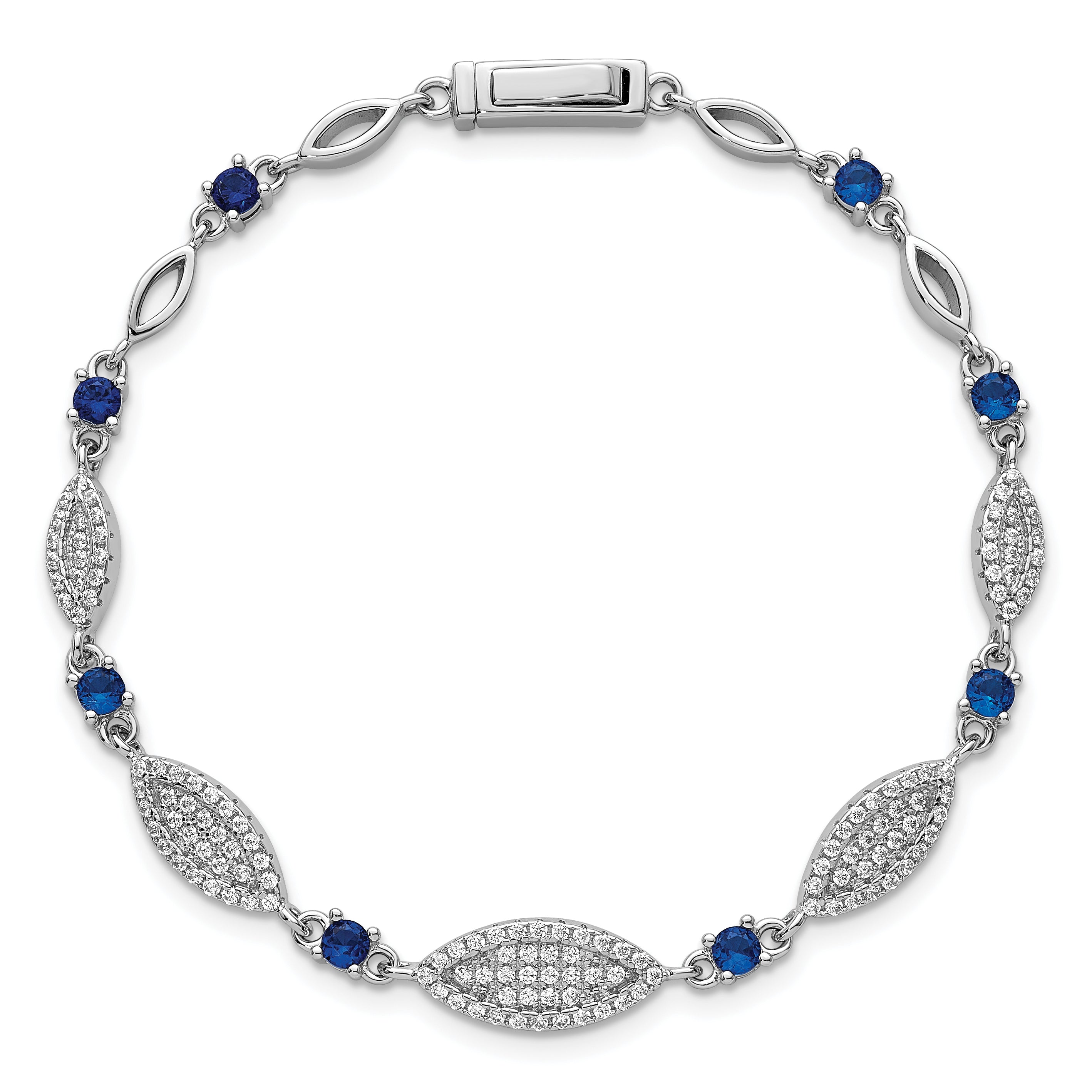 Sterling Silver Rhodium-plated Marquise Blue and White CZ Oval Link 7 inch Bracelet