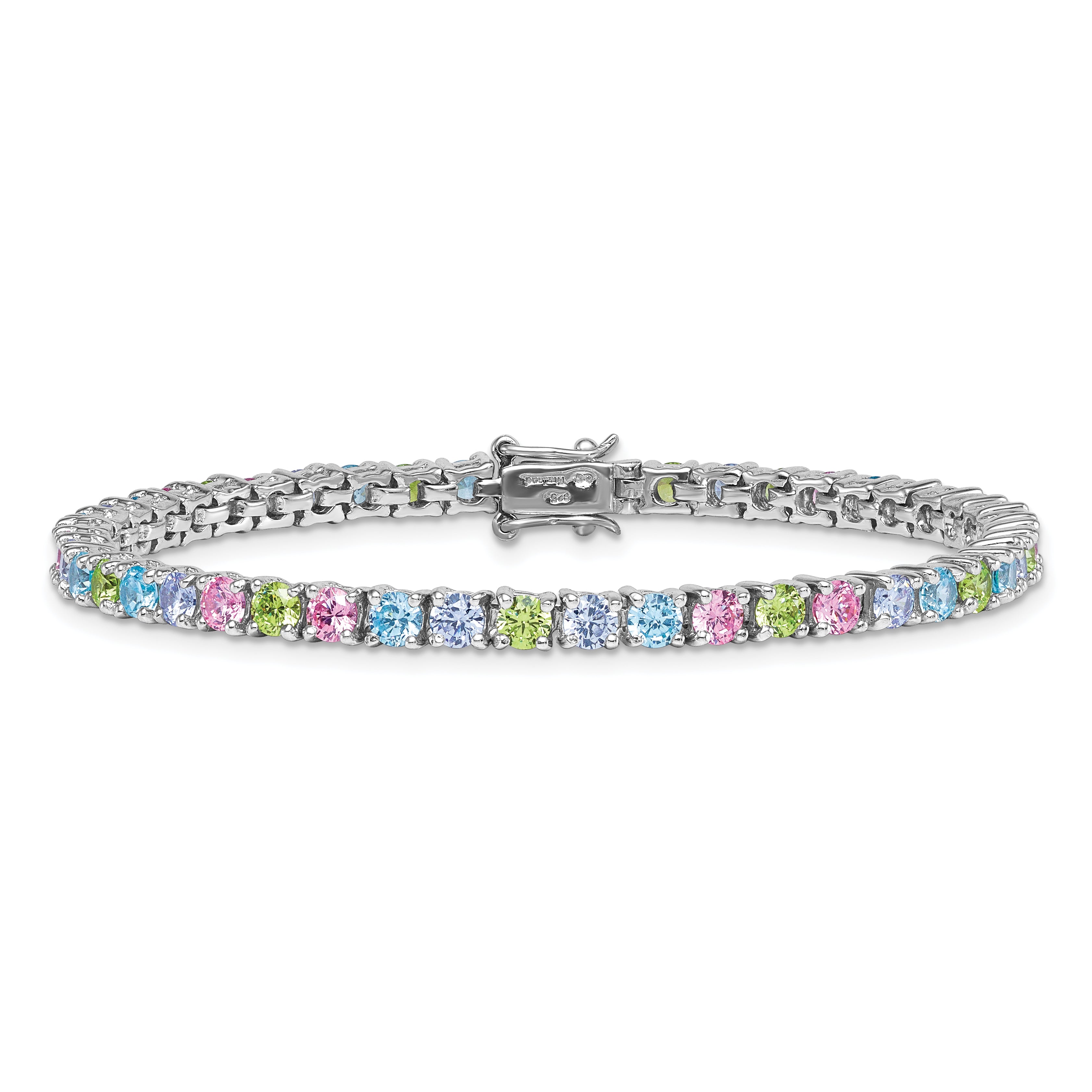 Sterling Silver Rhodium-plated Polished Pastel Green, Pink, Blue and Purple CZ 7.25 inch Bracelet