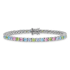 Sterling Silver Rhodium-plated Polished Pastel Green, Pink, Blue and Purple CZ 7.25 inch Bracelet