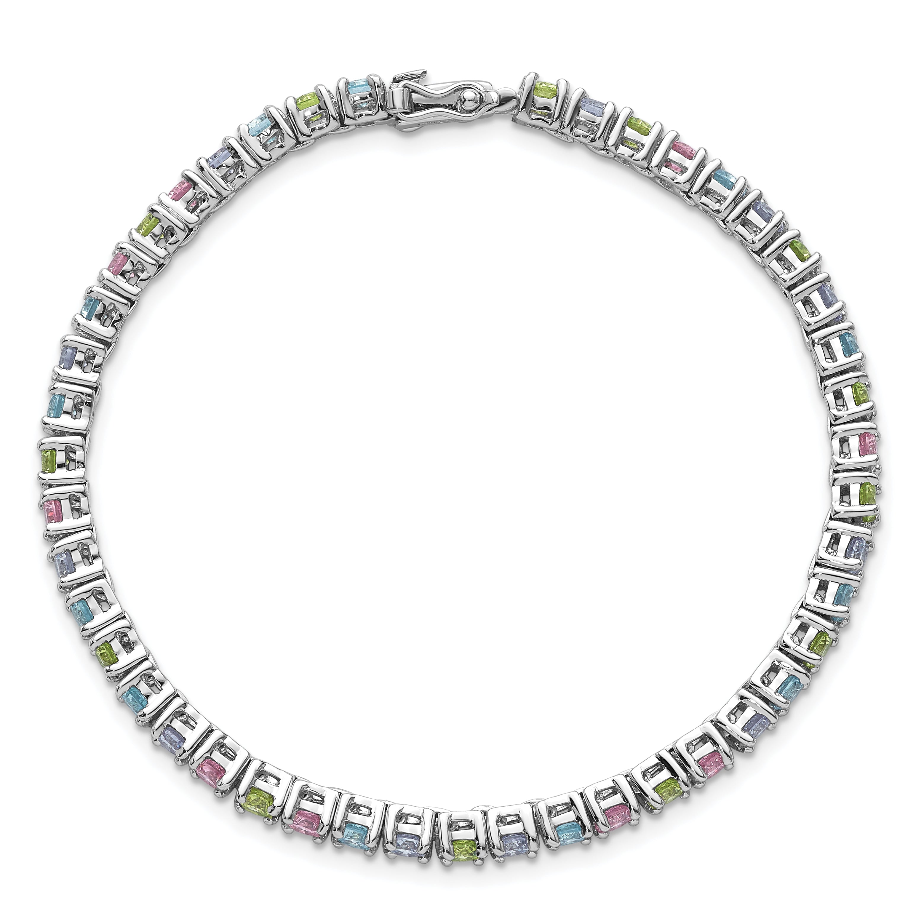 Sterling Silver Rhodium-plated Polished Pastel Green, Pink, Blue and Purple CZ 7.25 inch Bracelet