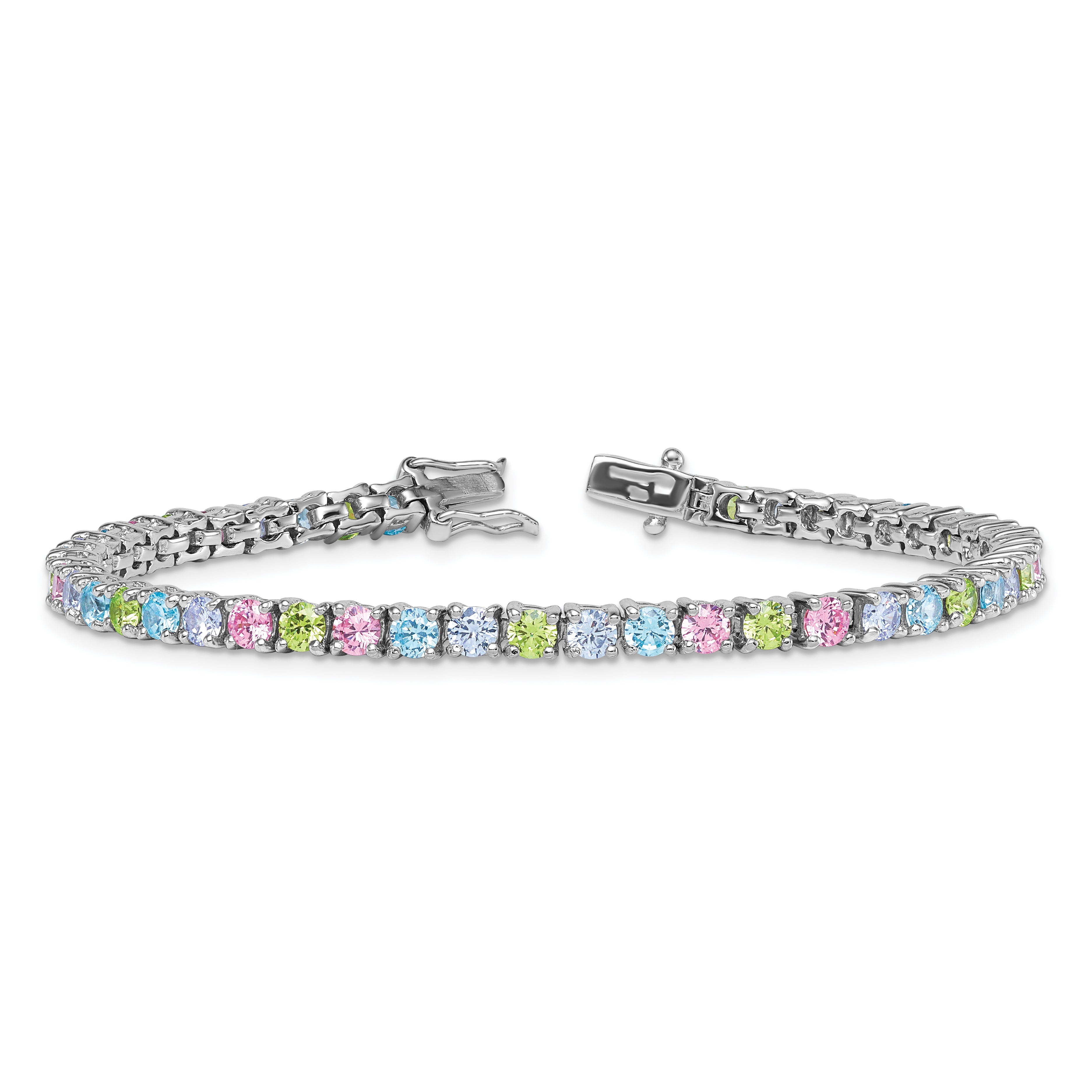 Sterling Silver Rhodium-plated Polished Pastel Green, Pink, Blue and Purple CZ 7.25 inch Bracelet