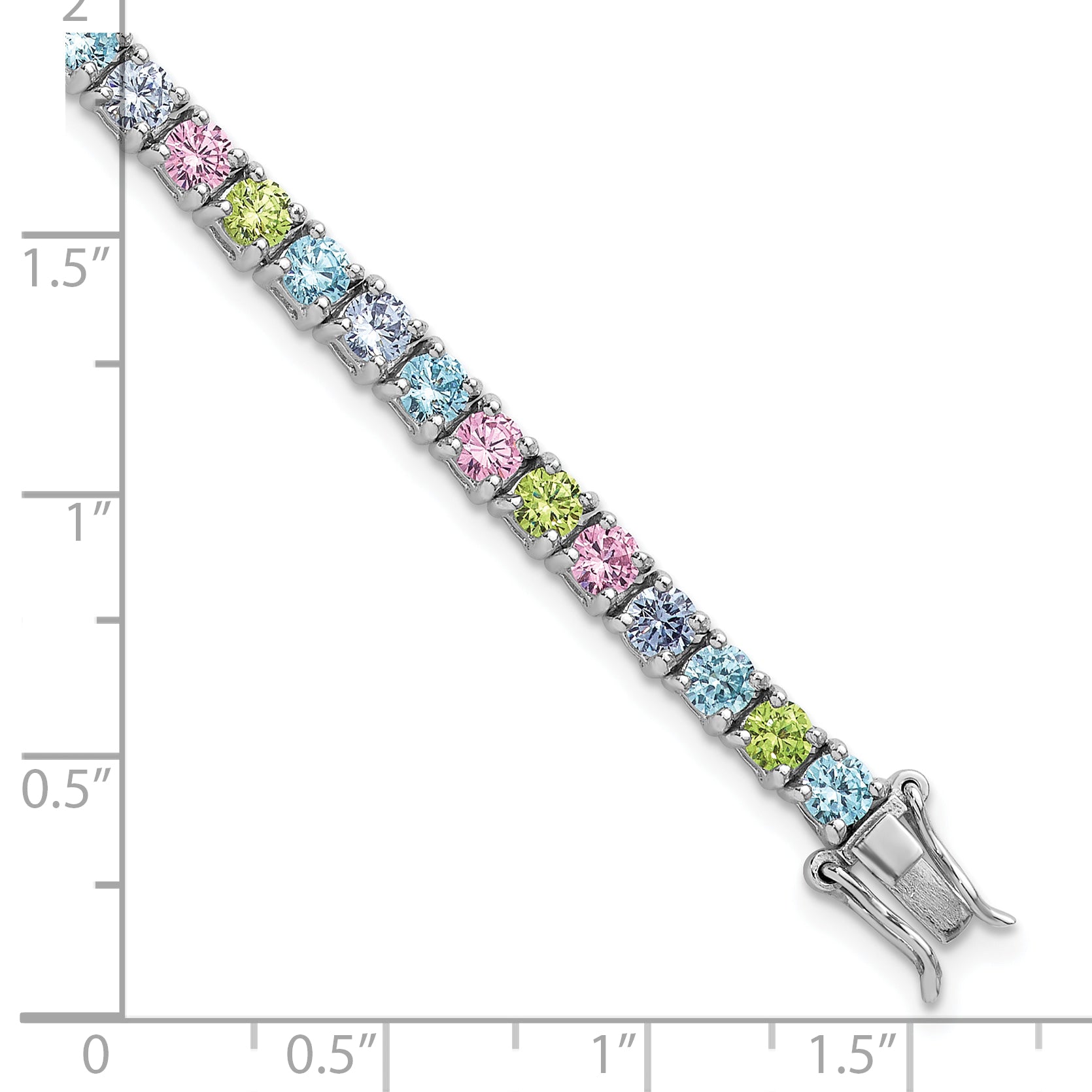 Sterling Silver Rhodium-plated Polished Pastel Green, Pink, Blue and Purple CZ 7.25 inch Bracelet