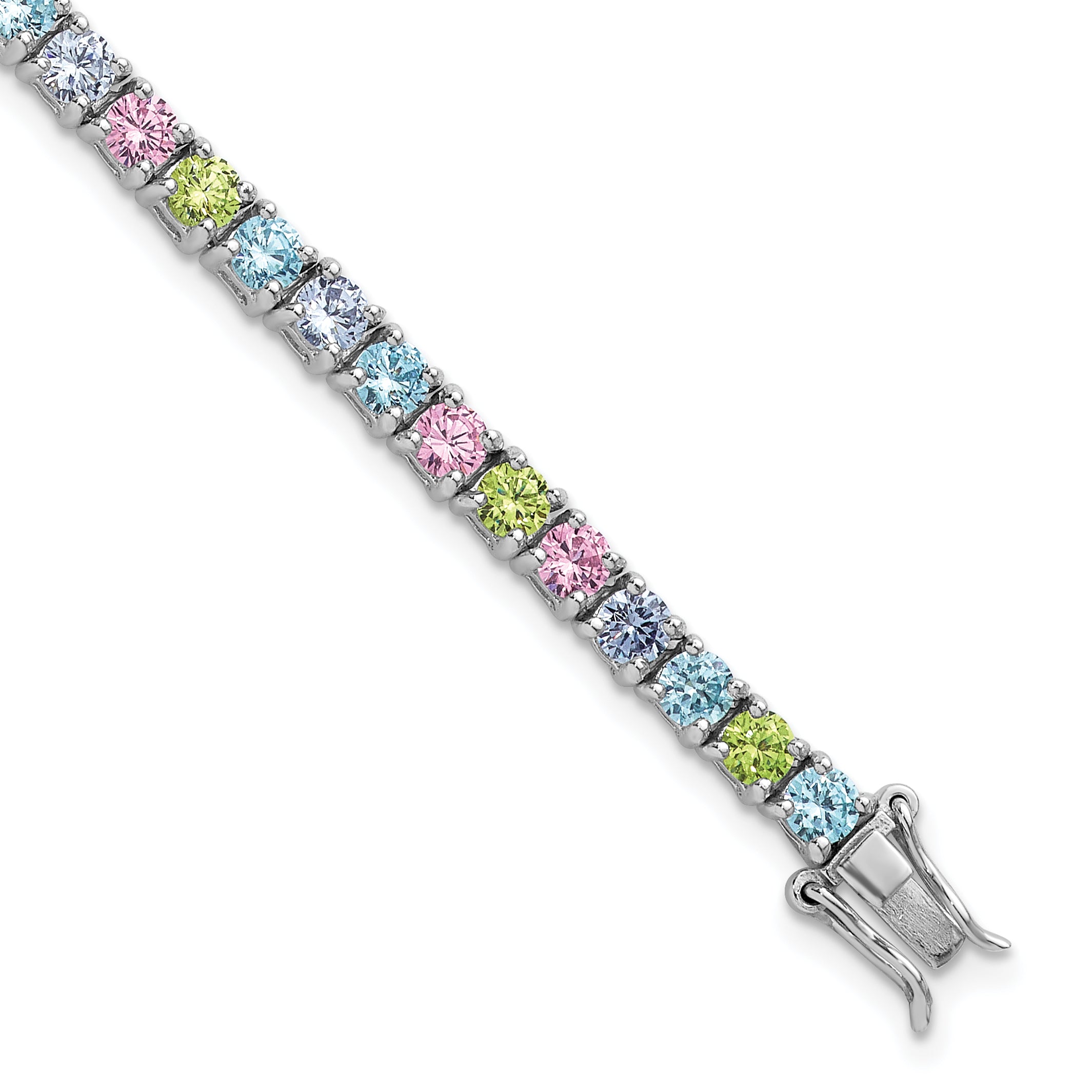 Sterling Silver Rhodium-plated Polished Pastel Green, Pink, Blue and Purple CZ 7.25 inch Bracelet Main image
