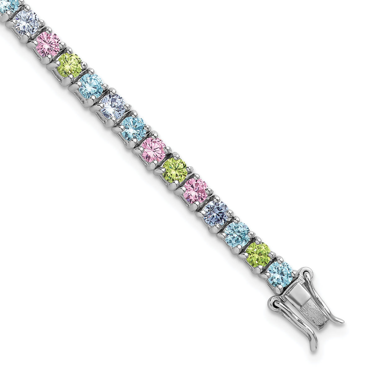Sterling Silver Rhodium-plated Polished Pastel Green, Pink, Blue and Purple CZ 7.25 inch Bracelet