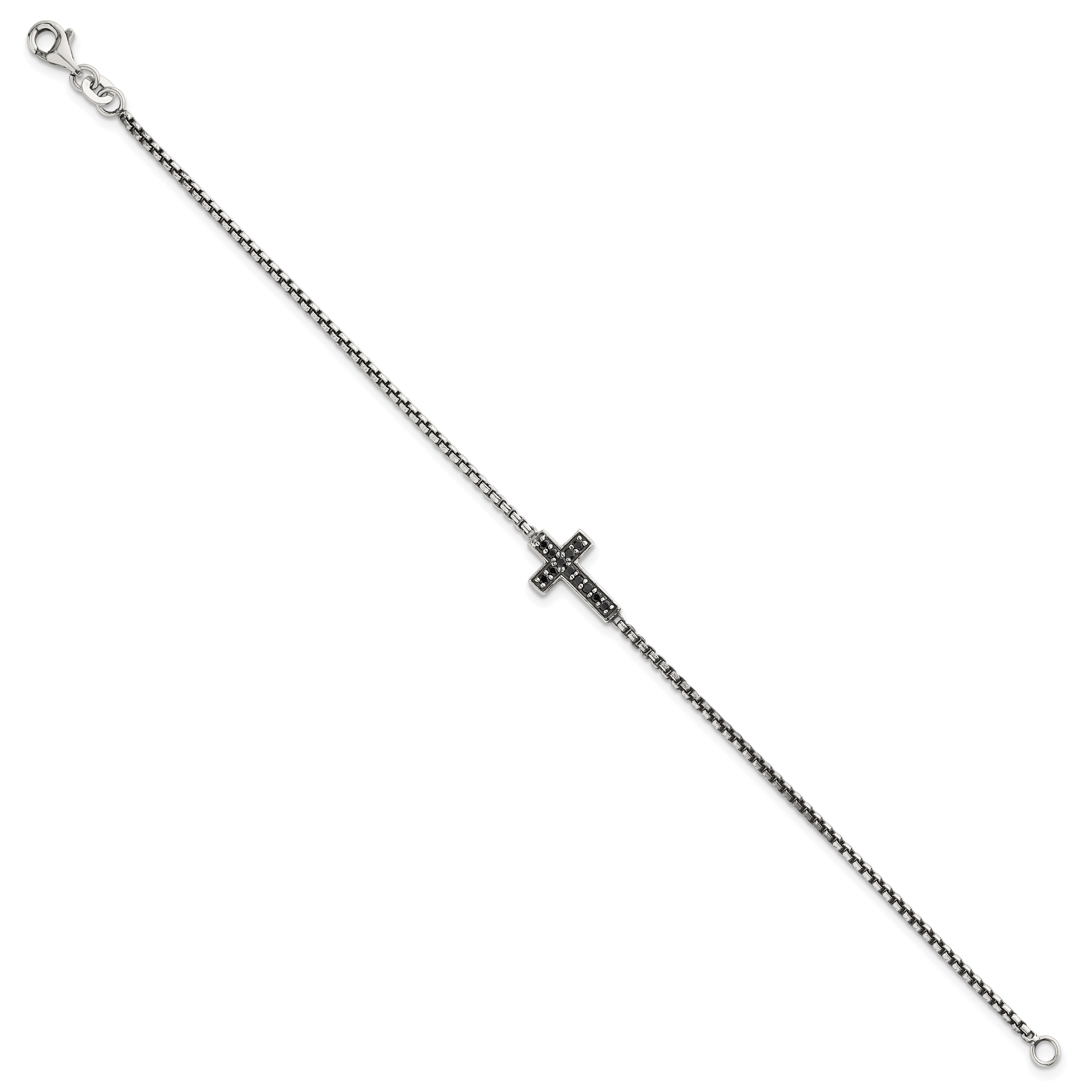 Sterling Silver Polished and Antiqued Black CZ Cross 7.5 inch Bracelet Secondary image