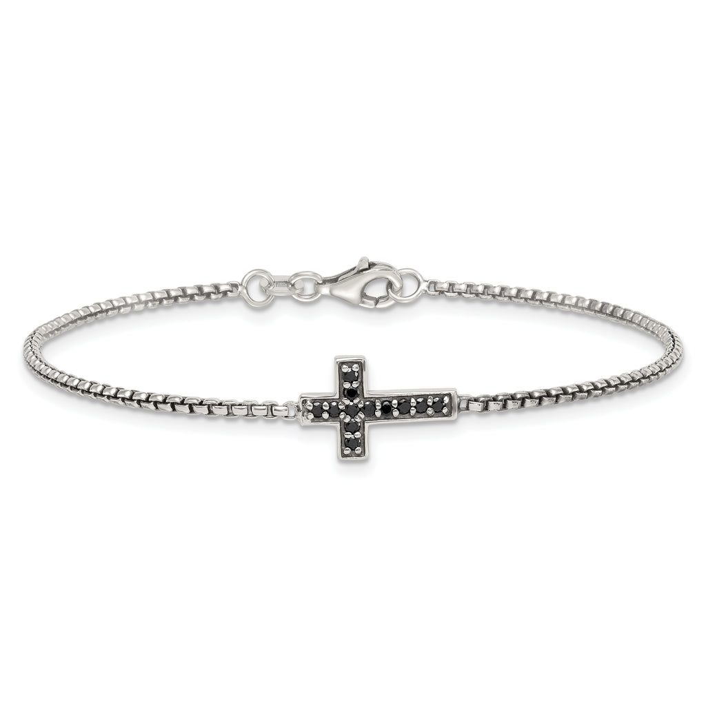 Sterling Silver Polished and Antiqued Black CZ Cross 7.5 inch Bracelet