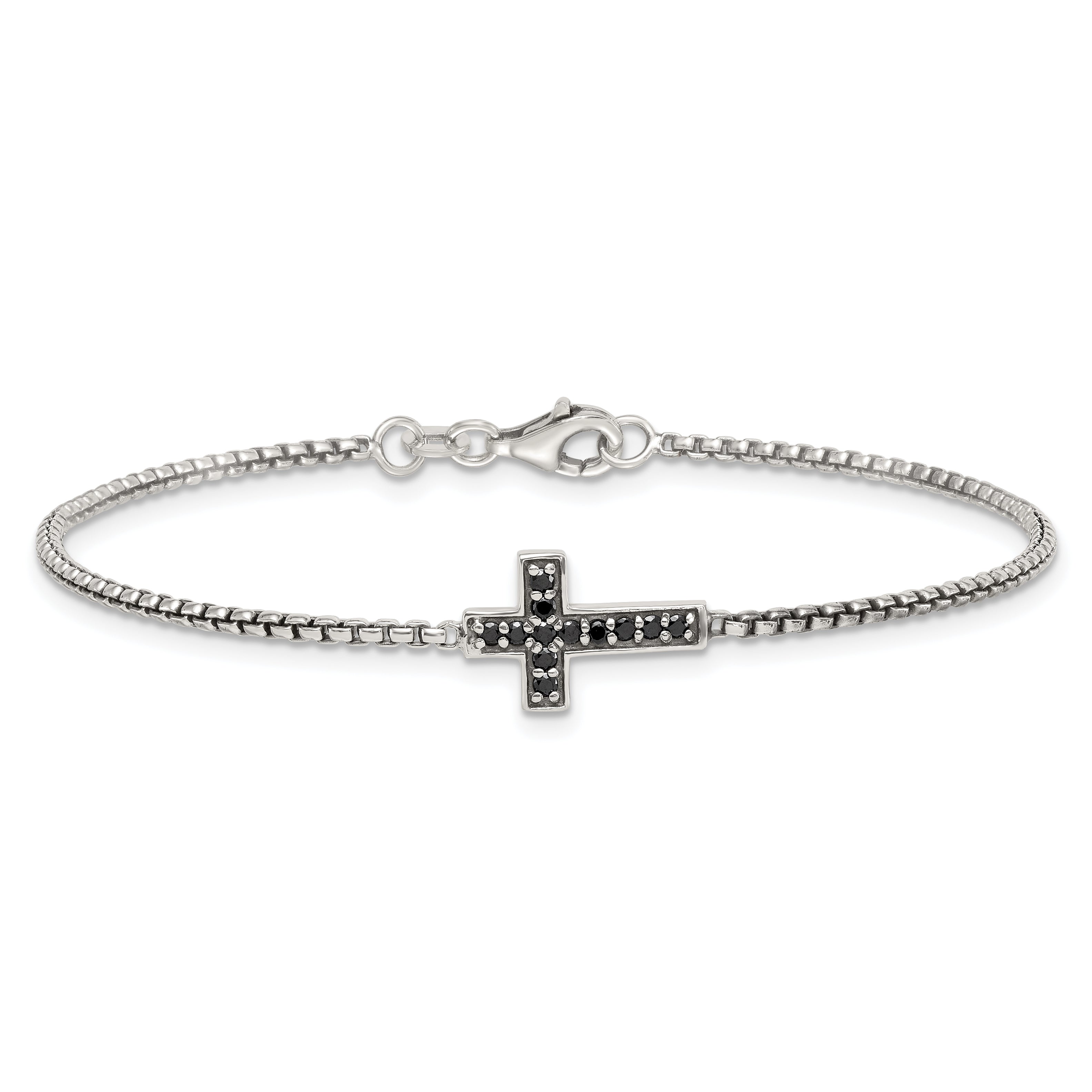 Sterling Silver Polished and Antiqued Black CZ Cross 7.5 inch Bracelet