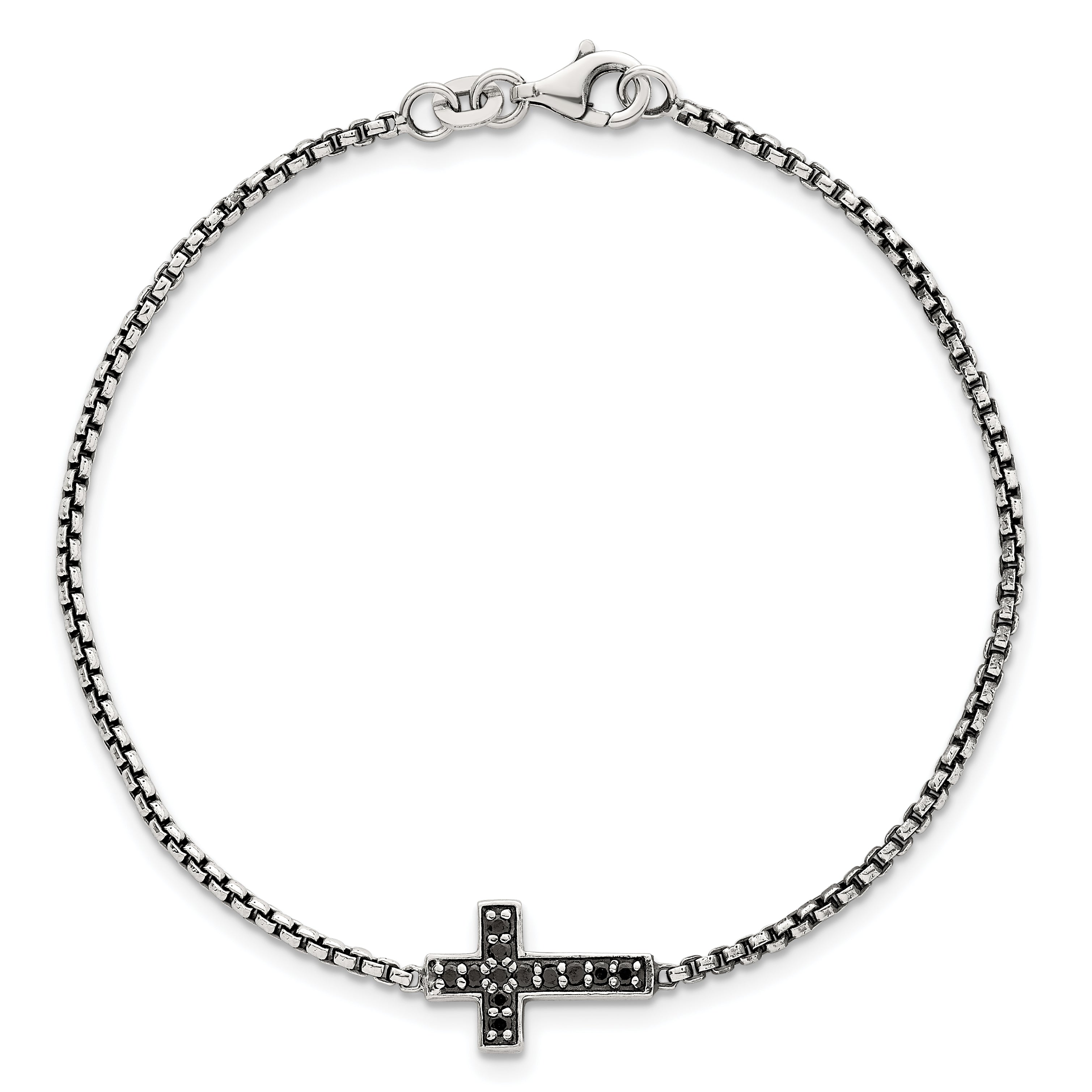 Sterling Silver Polished and Antiqued Black CZ Cross 7.5 inch Bracelet