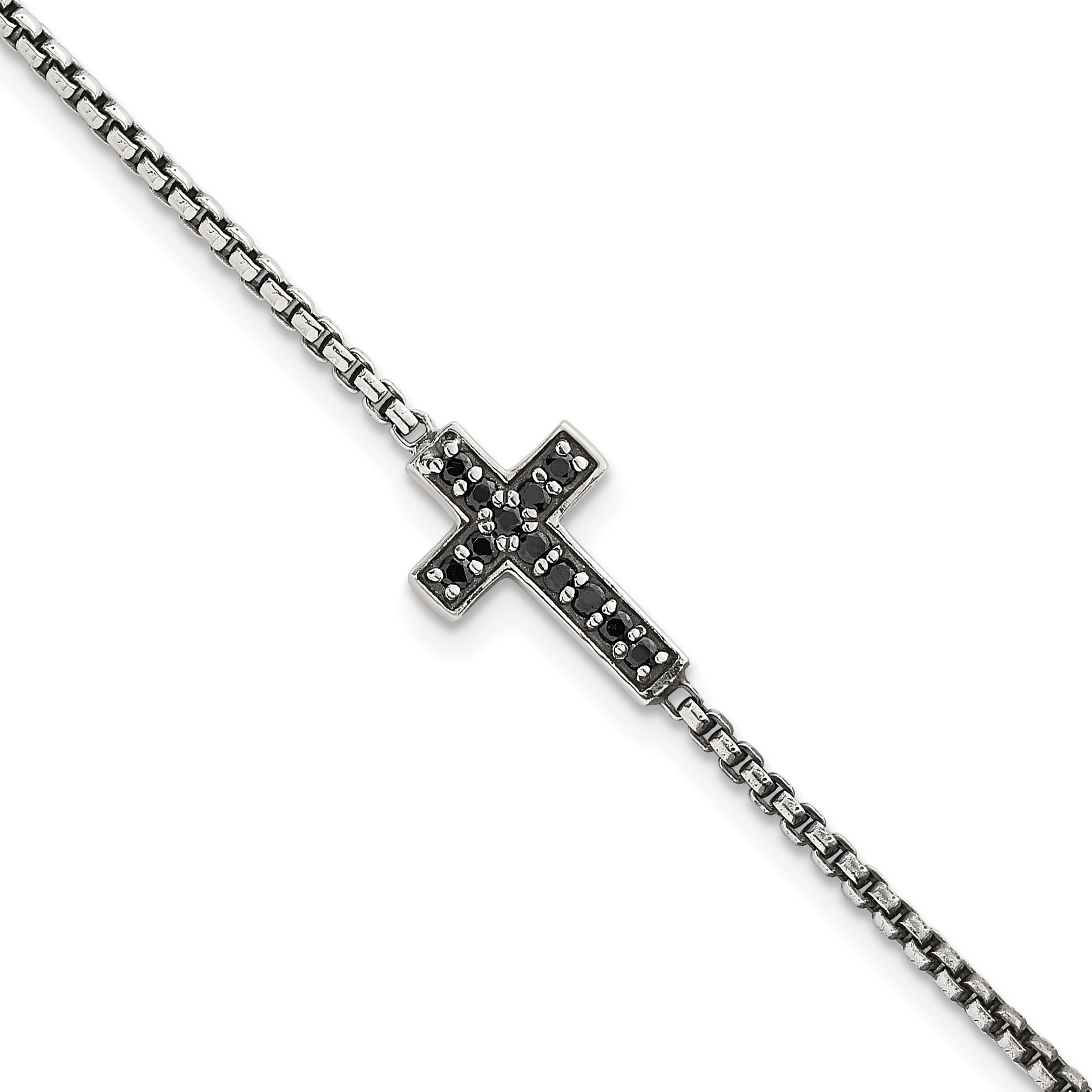 Sterling Silver Polished and Antiqued Black CZ Cross 7.5 inch Bracelet