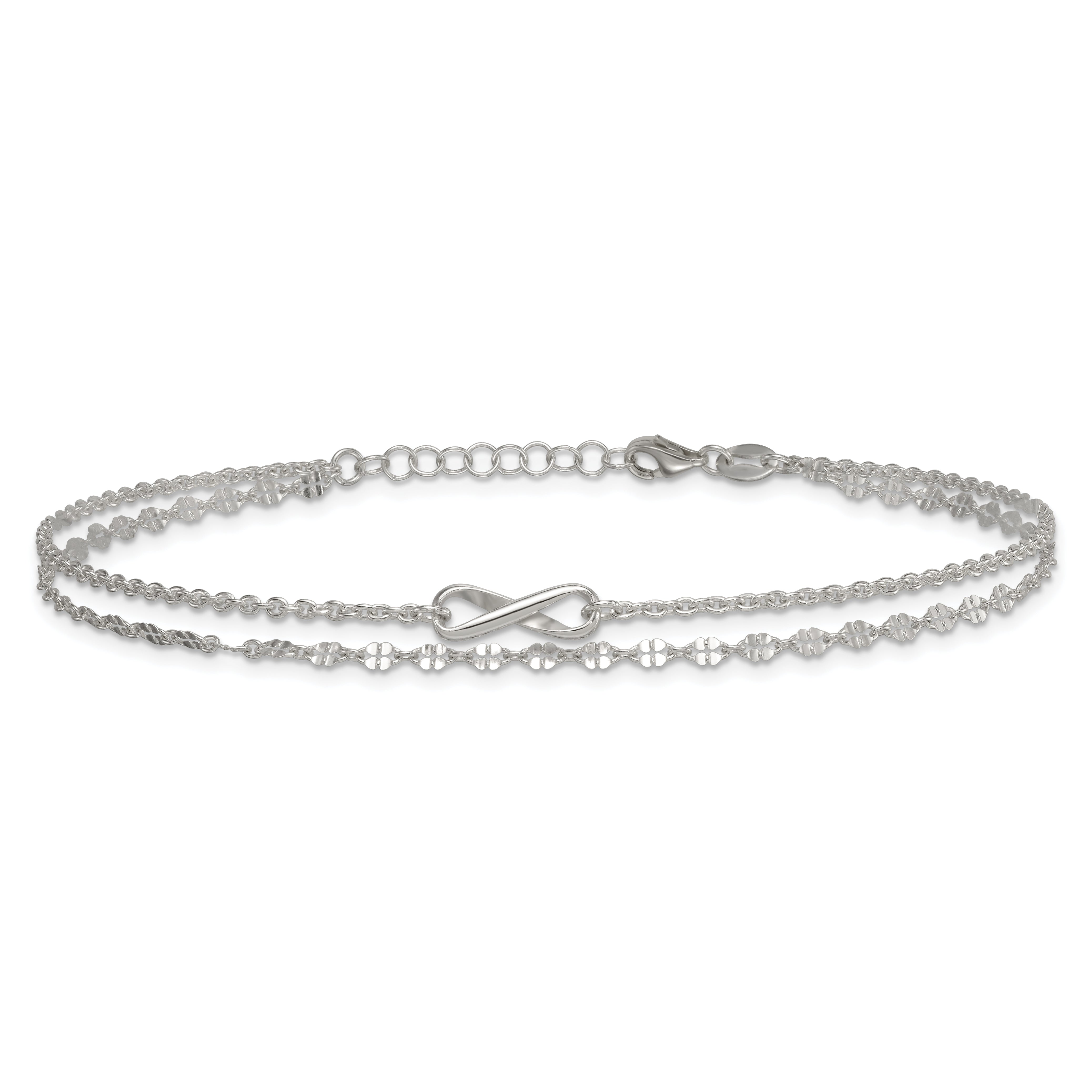 Sterling Silver Infinity Double Strand 9 inch Plus 1 inch Extender - Total 10 inch Anklet