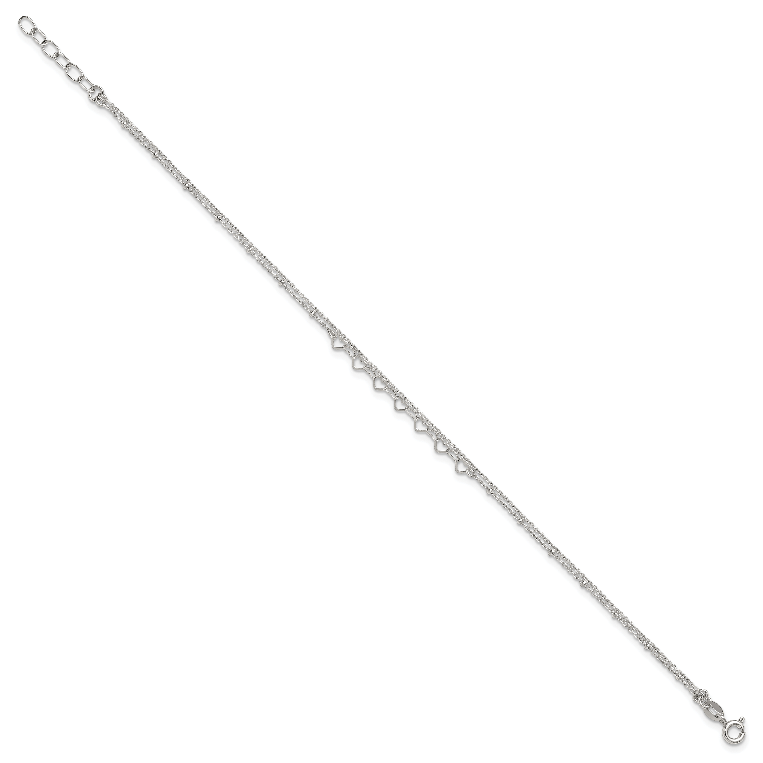 Sterling Silver Beaded Hearts Double Strand 9 inch with 1 inch Extender - Total 10 inch Anklet Secondary image