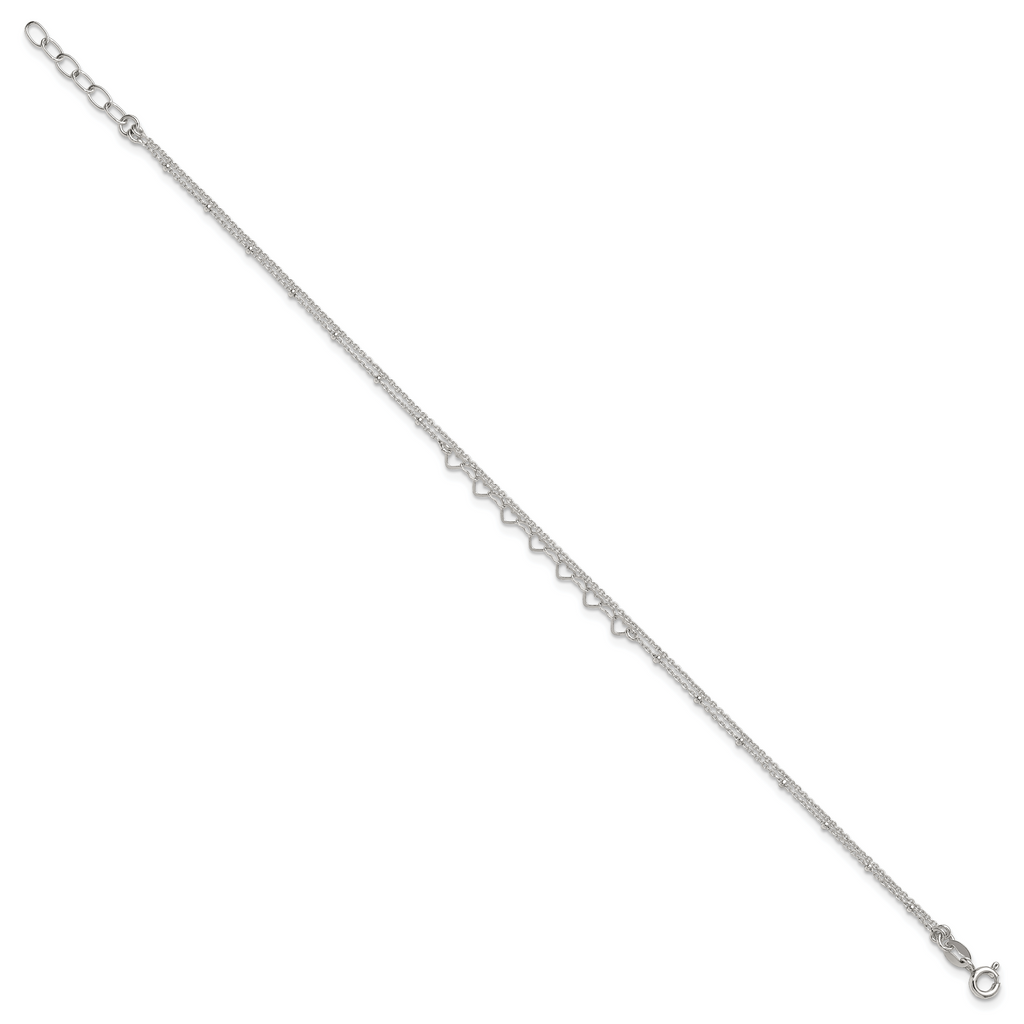 Sterling Silver Beaded Hearts Double Strand 9 inch with 1 inch Extender - Total 10 inch Anklet